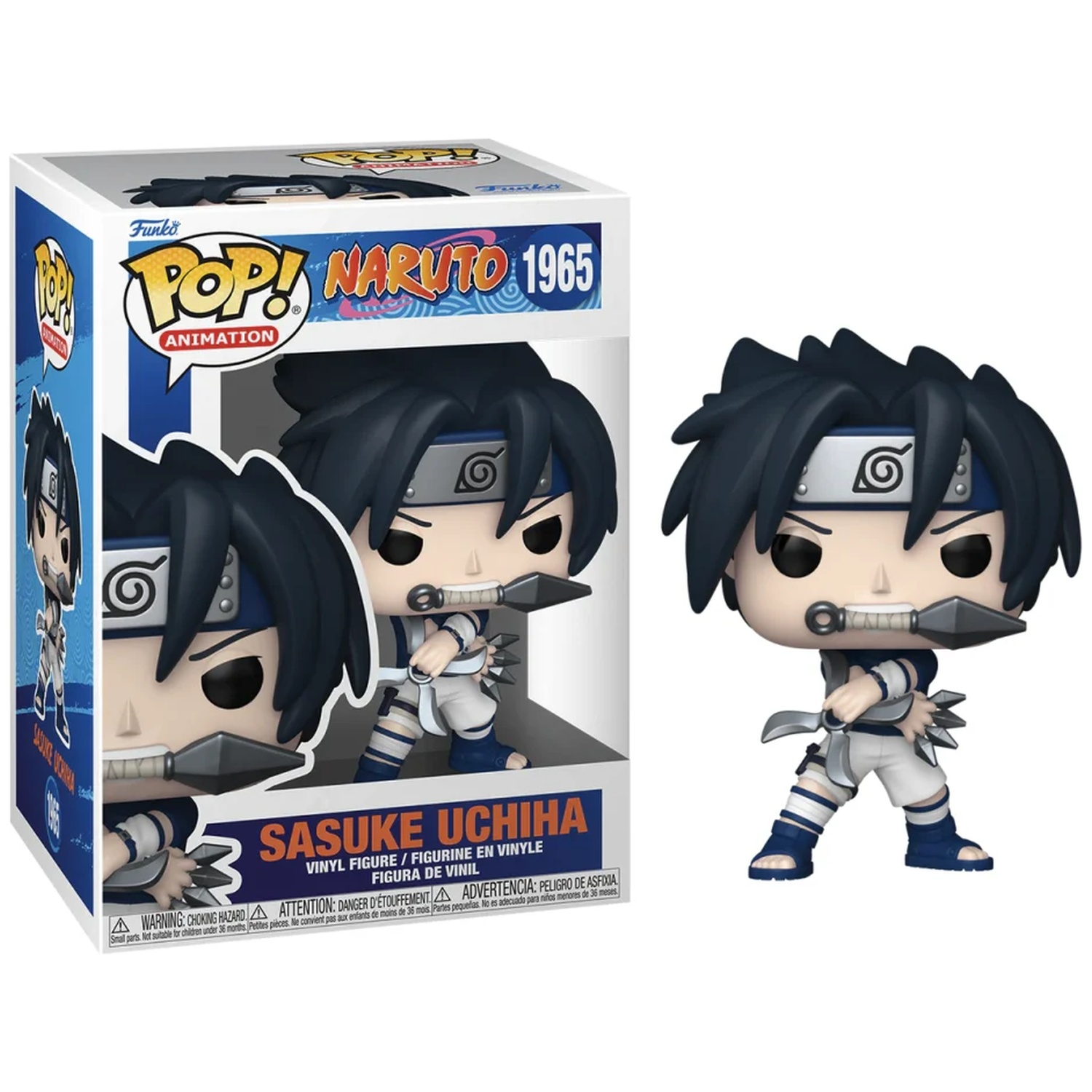 Funko POP! figure of Sasuke Uchiha holding kunai and shuriken, in Naruto design.