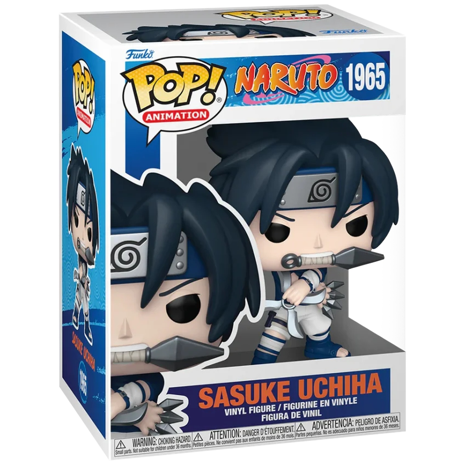 Funko Pop! Naruto figure of Sasuke Uchiha holding weapons, in its original box.