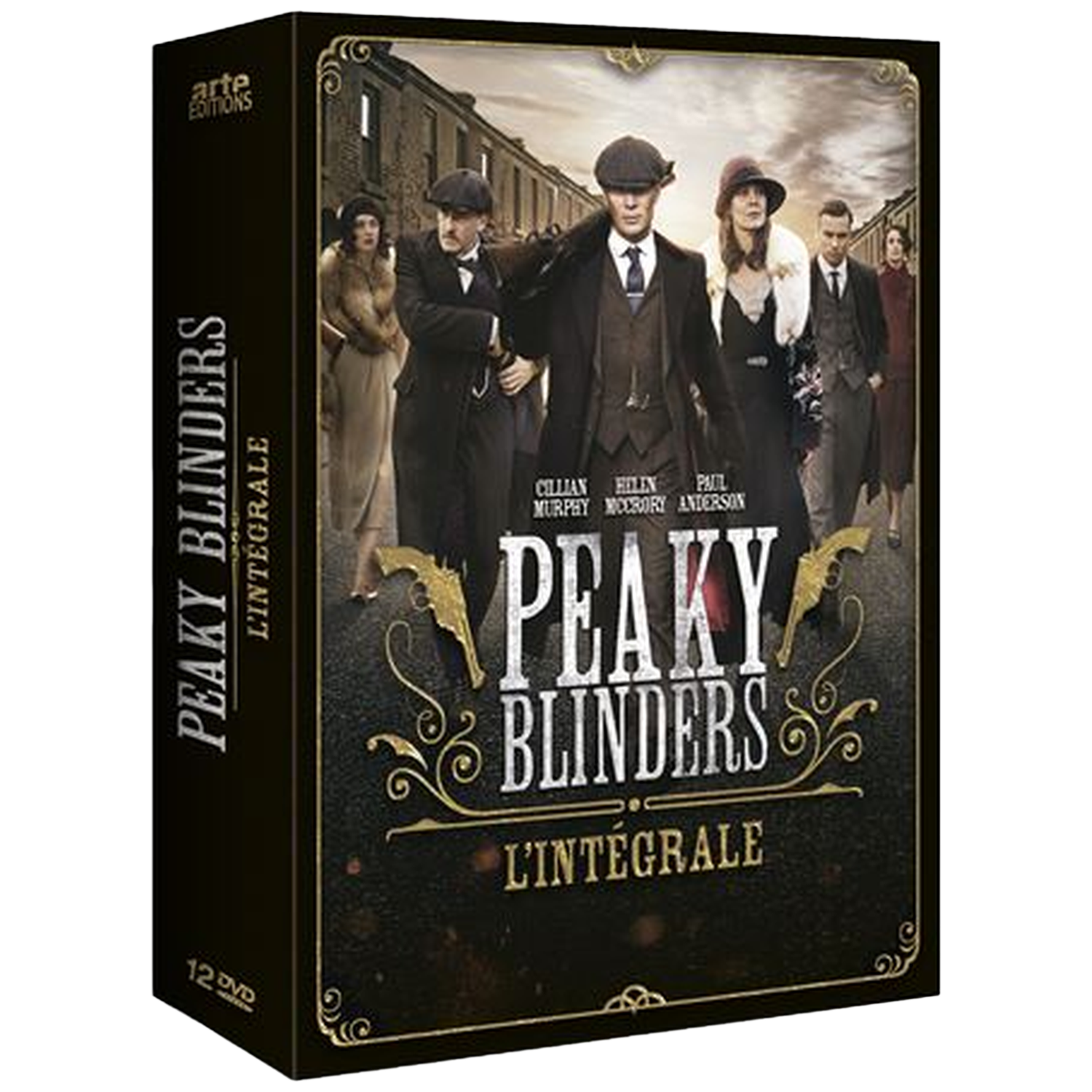 DVD-box Peaky Blinders met acteurs in kledij van begin 20e eeuw.