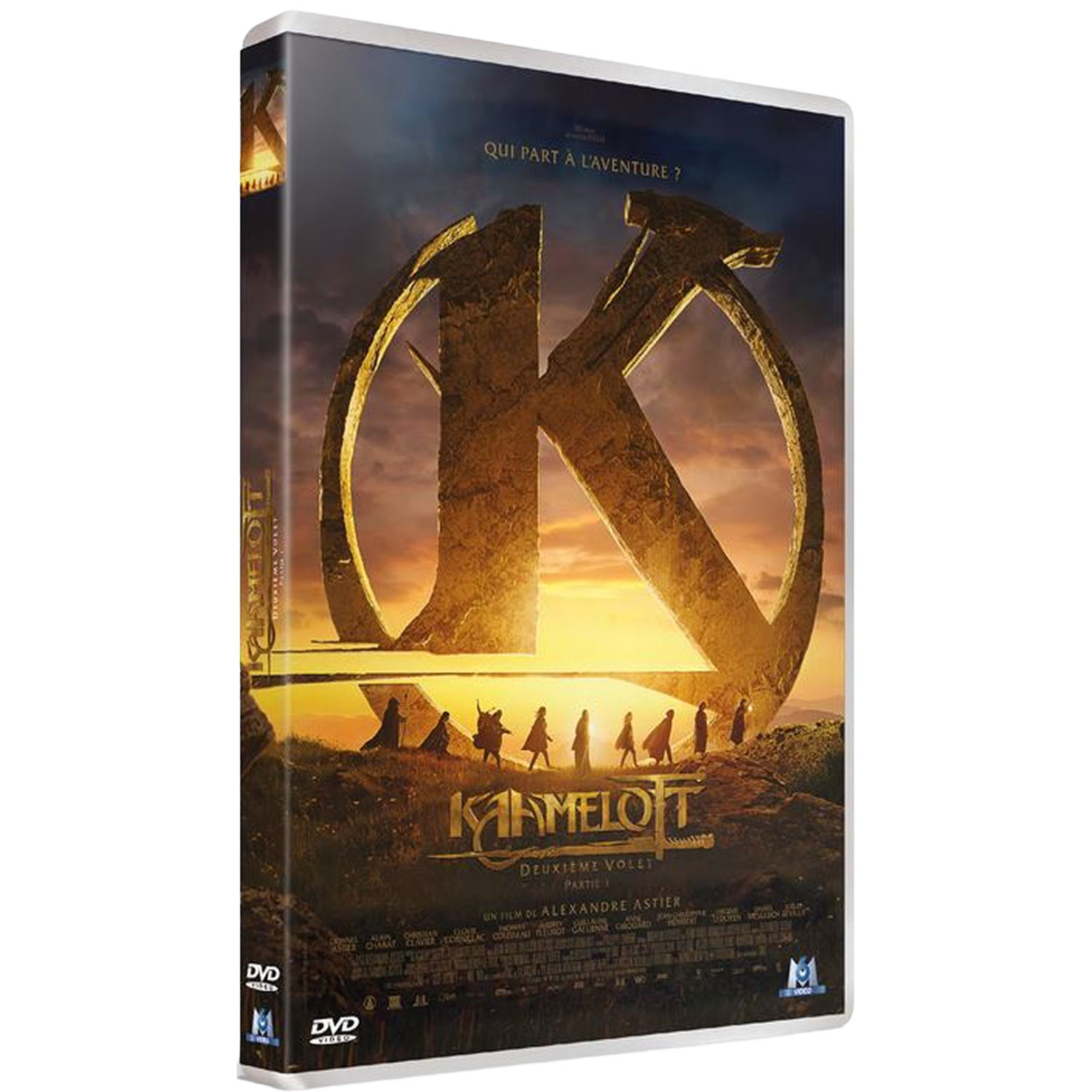 Jaquette DVD avec un grand K doré et des personnages devant un coucher de soleil.