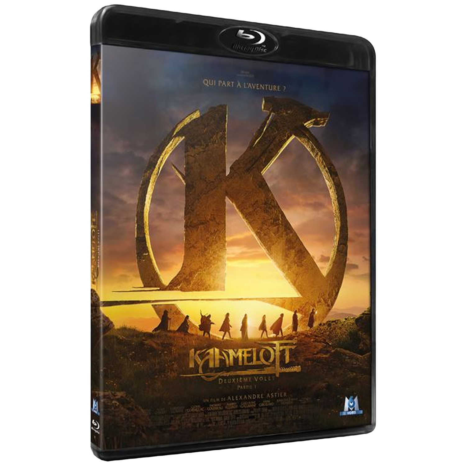 Couverture Blu-ray: Grand symbole K, personnages sur des collines, coucher de soleil, titre 'Kaamelott'.