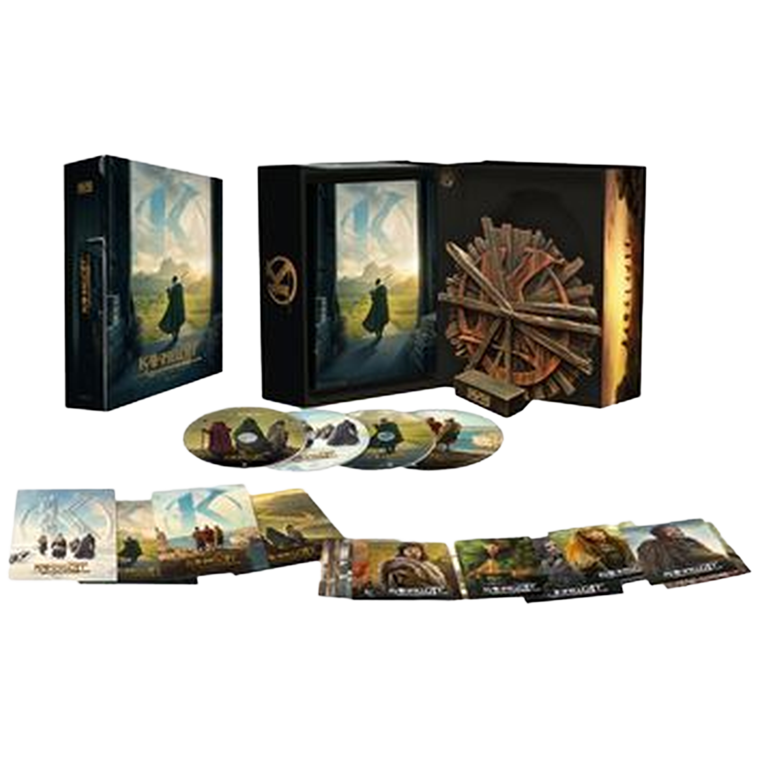 Boxset met schijven, kaarten en box art met figuren en een houten wiel.