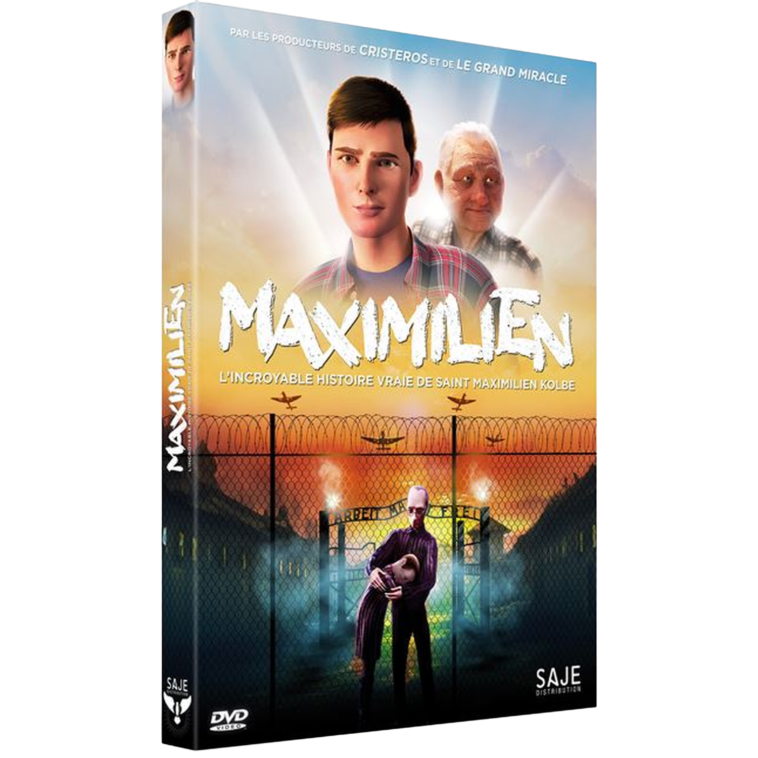 Couverture DVD avec deux hommes animés, une porte et une clôture de barbelés.