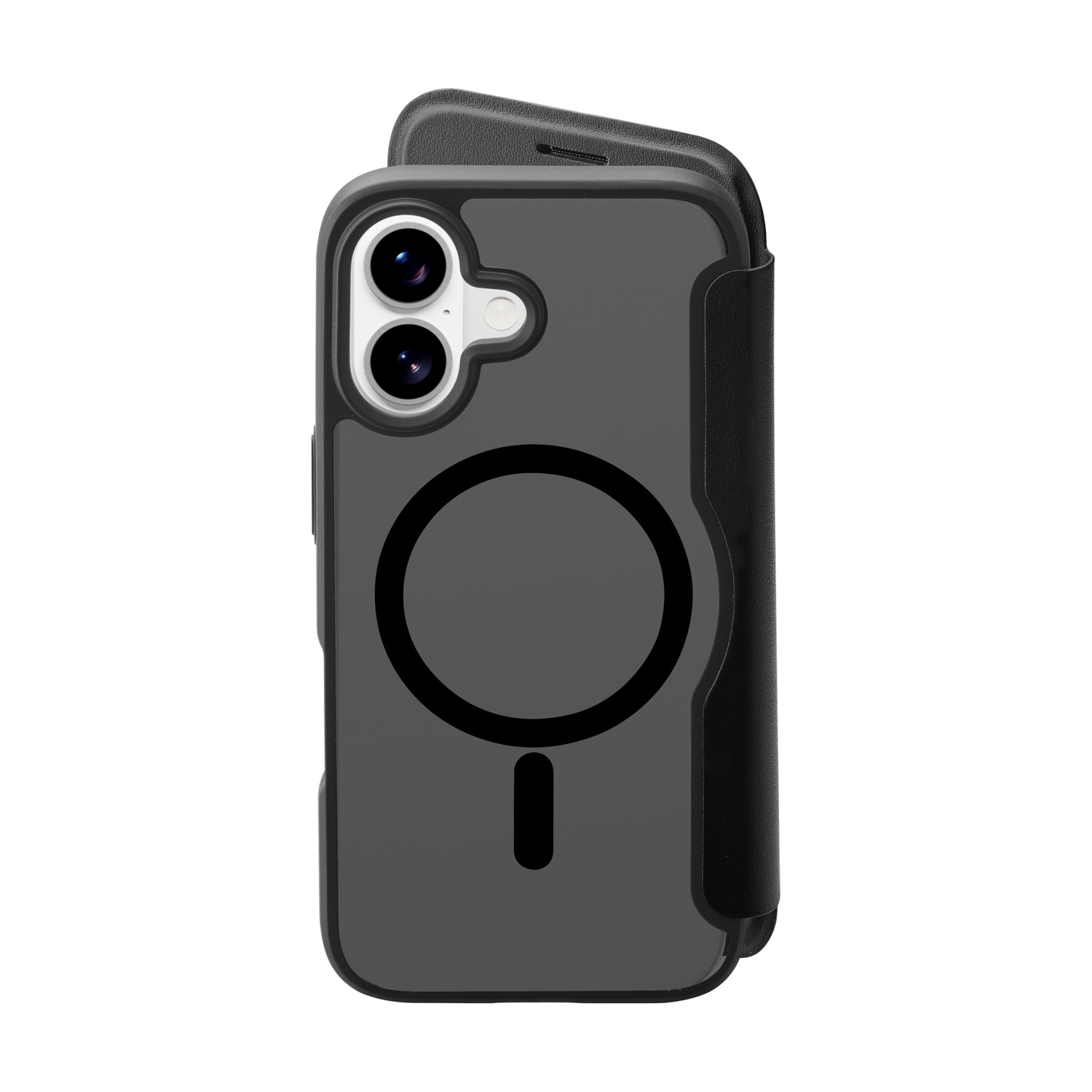 Custodia nera per telefono con cerchio MagSafe e due fotocamere.