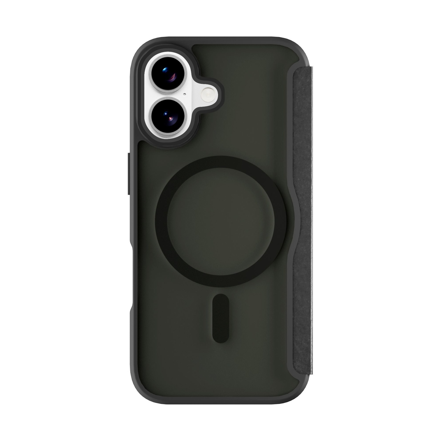 Custodia verde scuro per telefono con due lenti e anello magnetico.