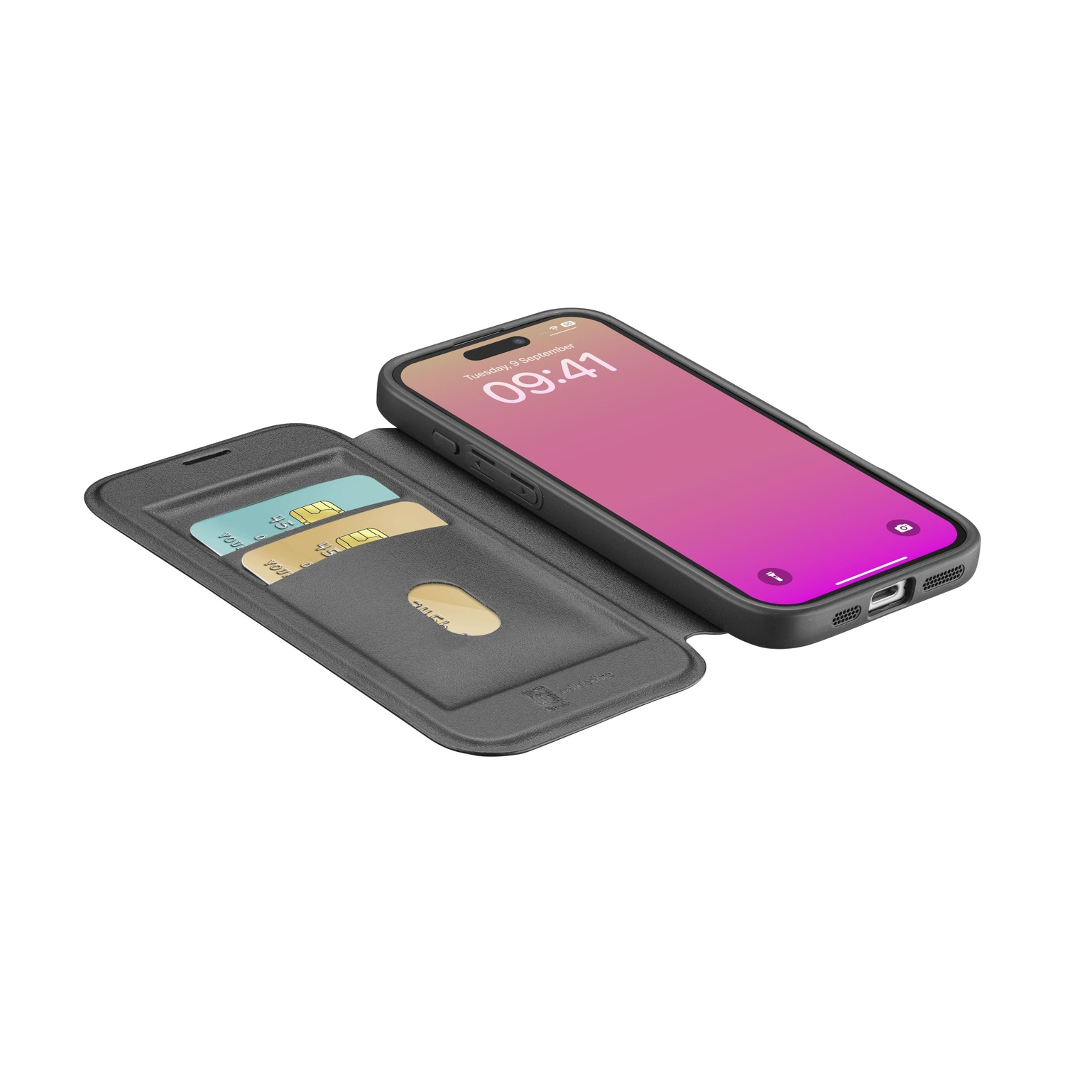 Un iPhone nero con una custodia che contiene due carte.