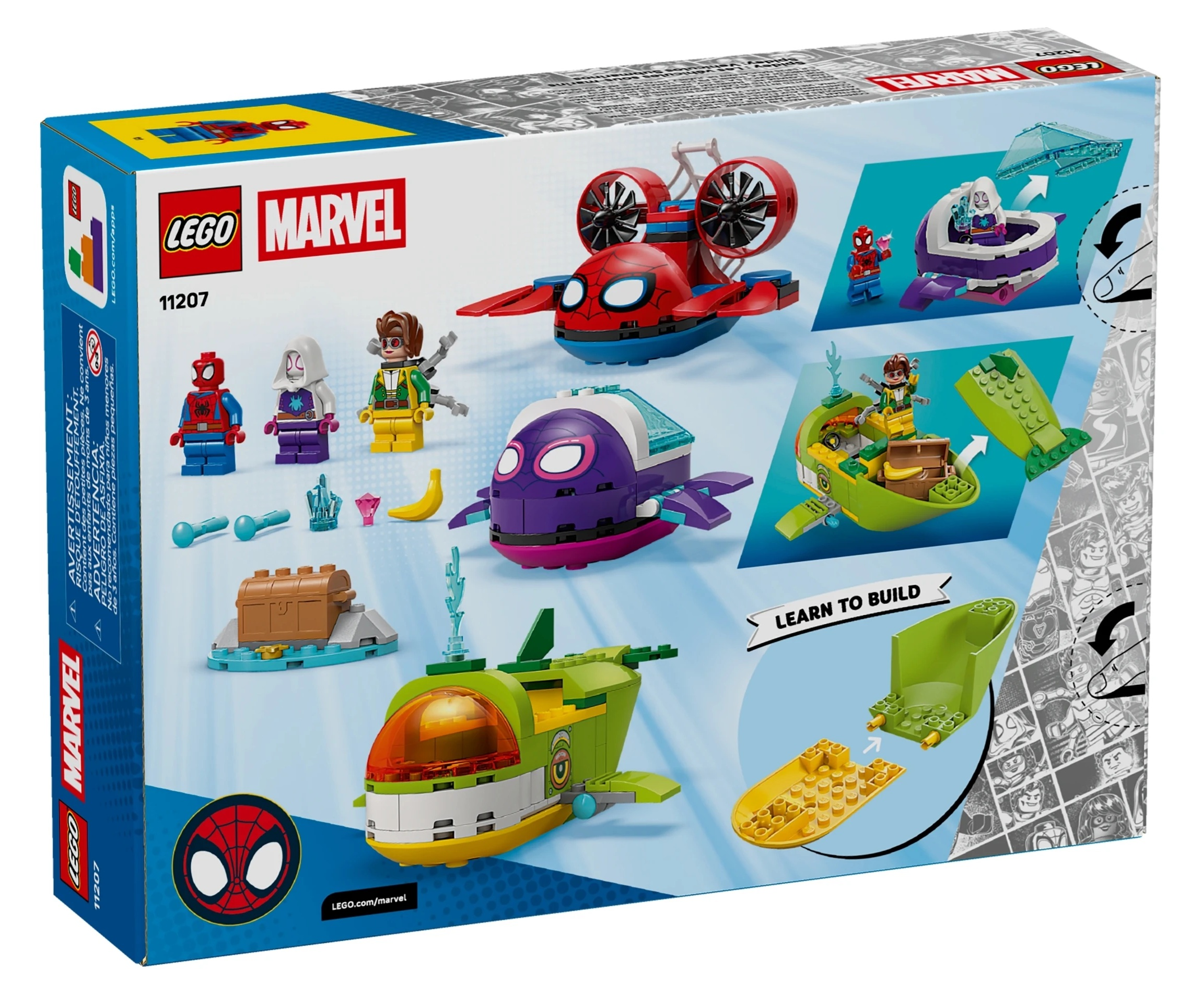 Zestaw LEGO Marvel ze Spidermanem, Ghost-Spider, Milesem Moralesem i pojazdami.