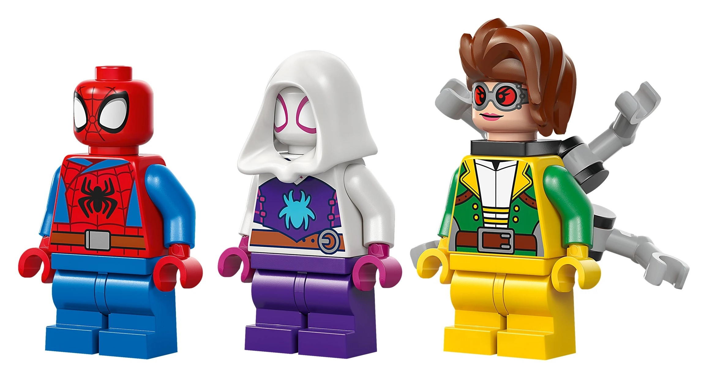 Trzy figurki Lego: Spider-Man, Ghost-Spider i postać z mackami.
