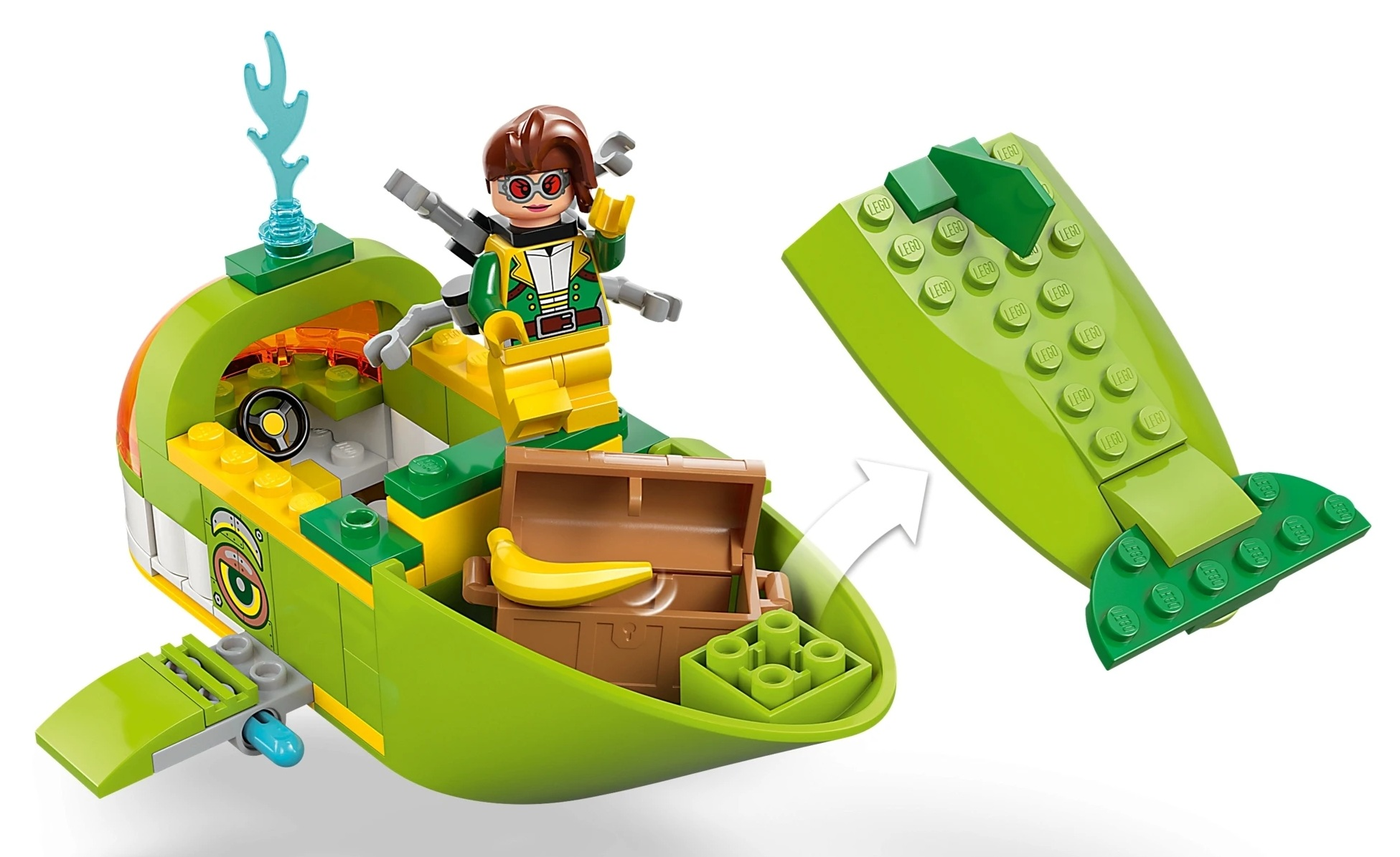 Zielony pojazd LEGO z minifigurką, otwartą skrzynią i bananem. Odłączany ogon.