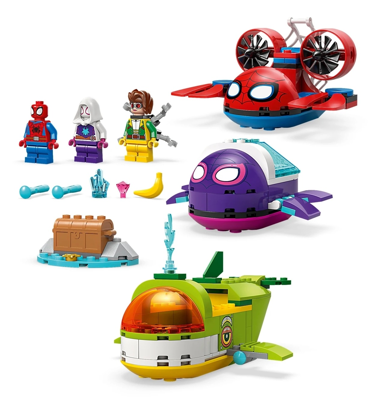 Lego Spiderman, Ghost Spider i Doc Ock z pojazdami i skrzynią skarbów.