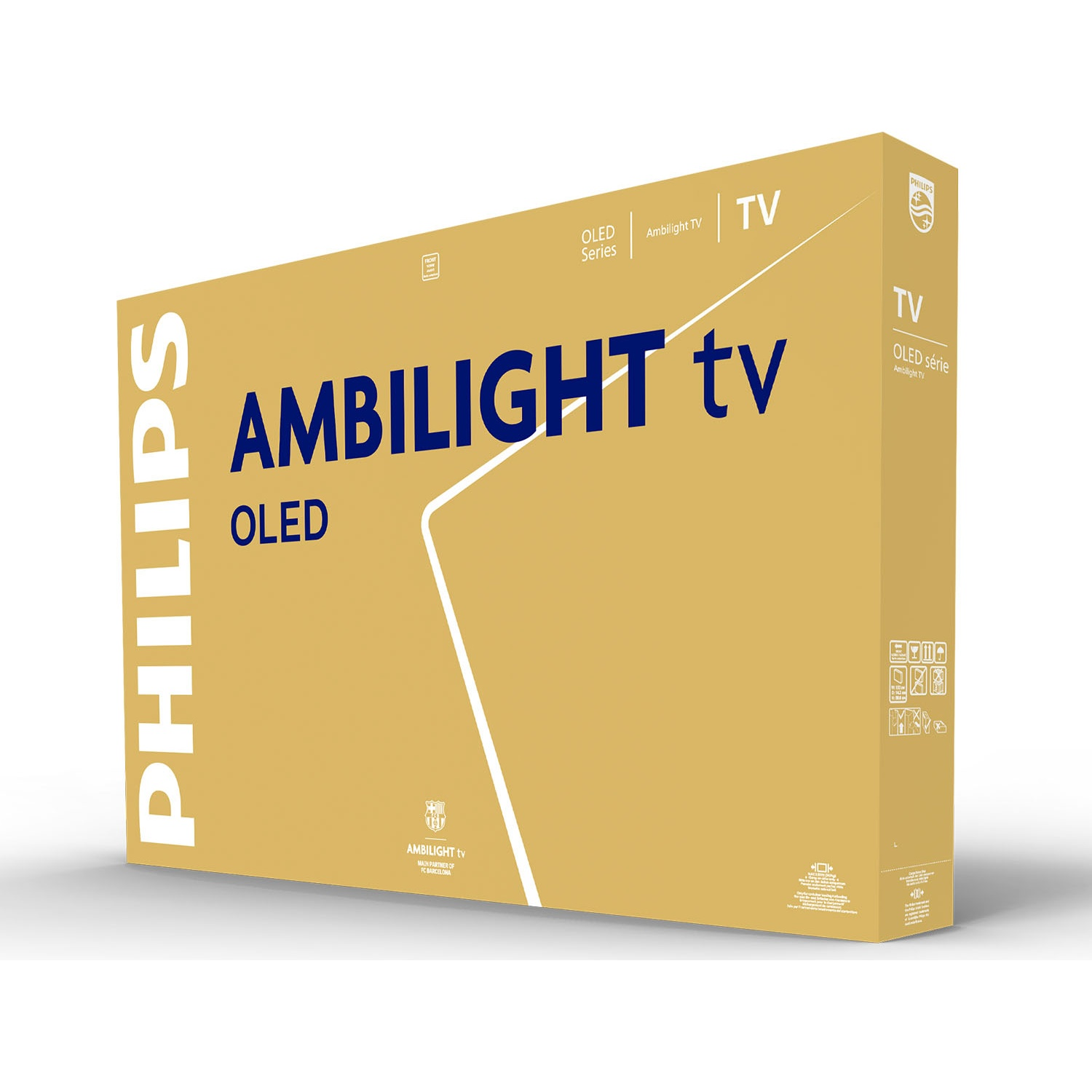 Philips Ambilight OLED TV doos. Blauw logo, tekst op goudkleurige achtergrond.