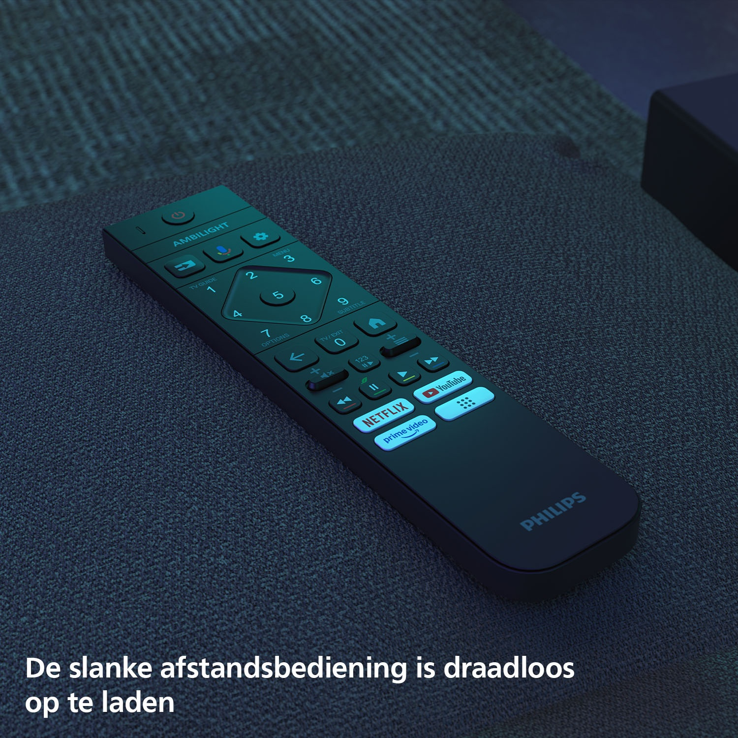 Zwarte Philips afstandsbediening met Ambilight, Netflix, YouTube en Prime Video.