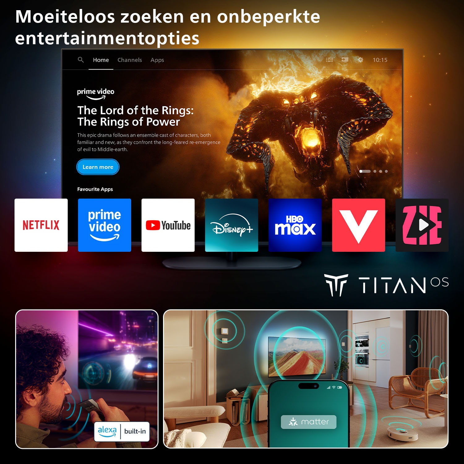 Een tv-scherm toont streaming-apps zoals Prime Video, Netflix en YouTube.