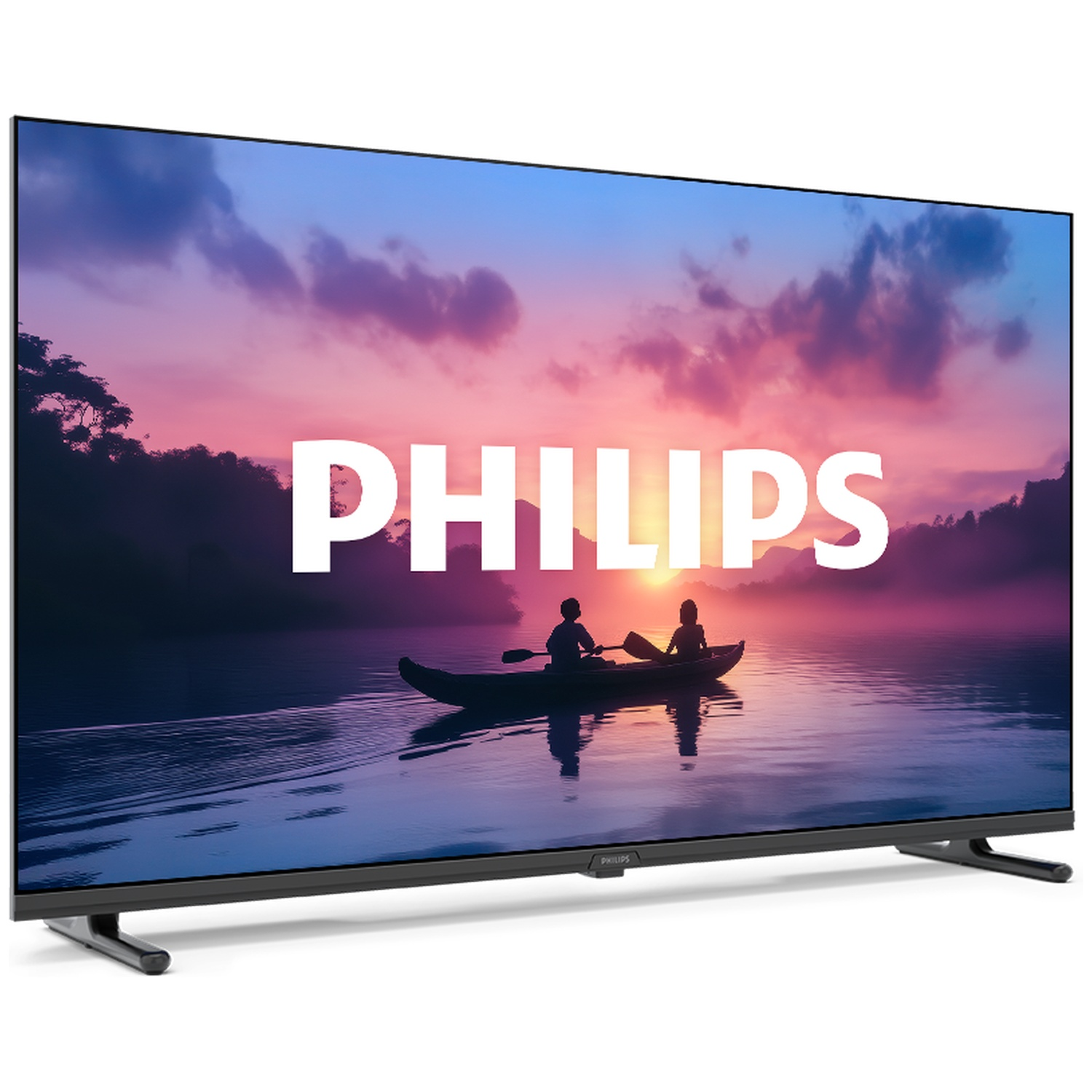 TV Philips affiche scène de coucher de soleil avec deux personnes en canoë sur l'eau.
