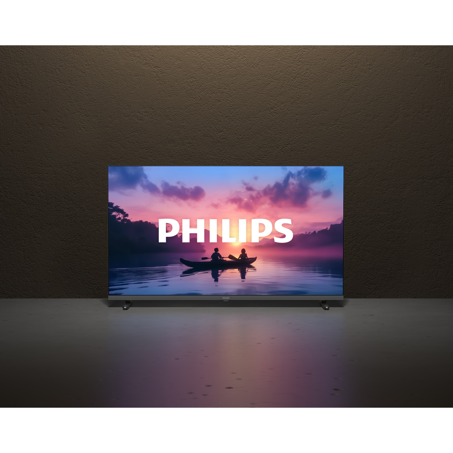 Une TV affiche une balade en bateau au coucher du soleil avec le logo PHILIPS.