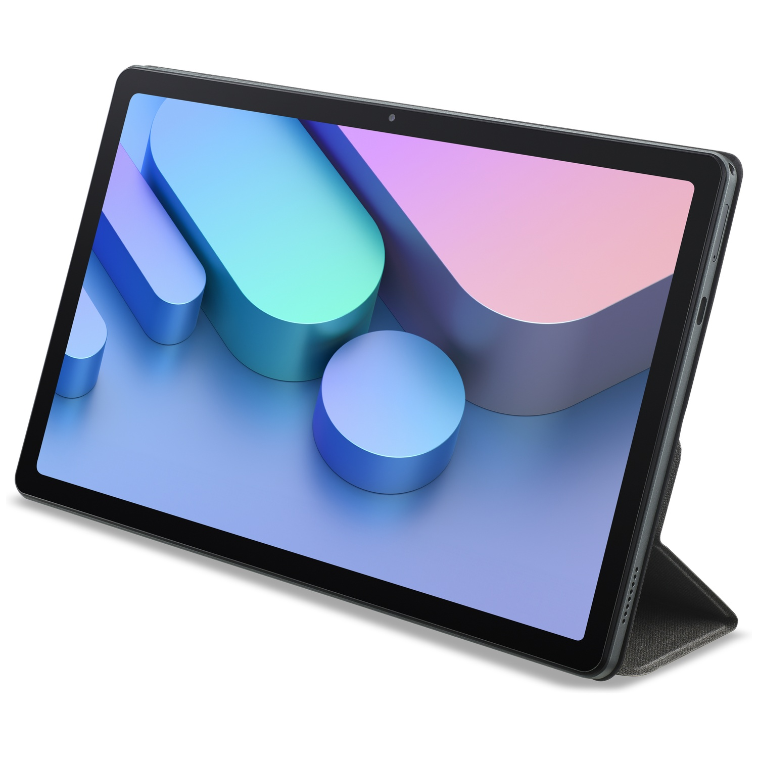 Zwarte tablet met donkergrijs hoesje op witte ondergrond. Abstracte vormen op scherm.