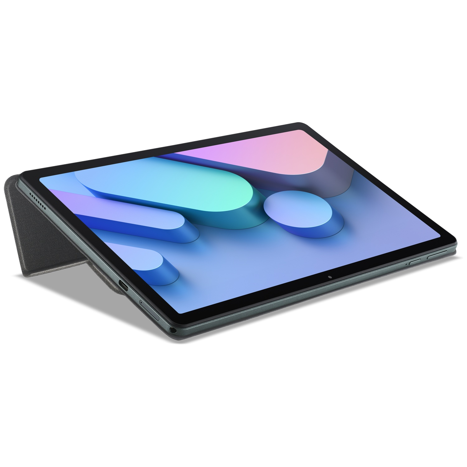 Een grijze tablet met standaard en kleurrijke achtergrond.