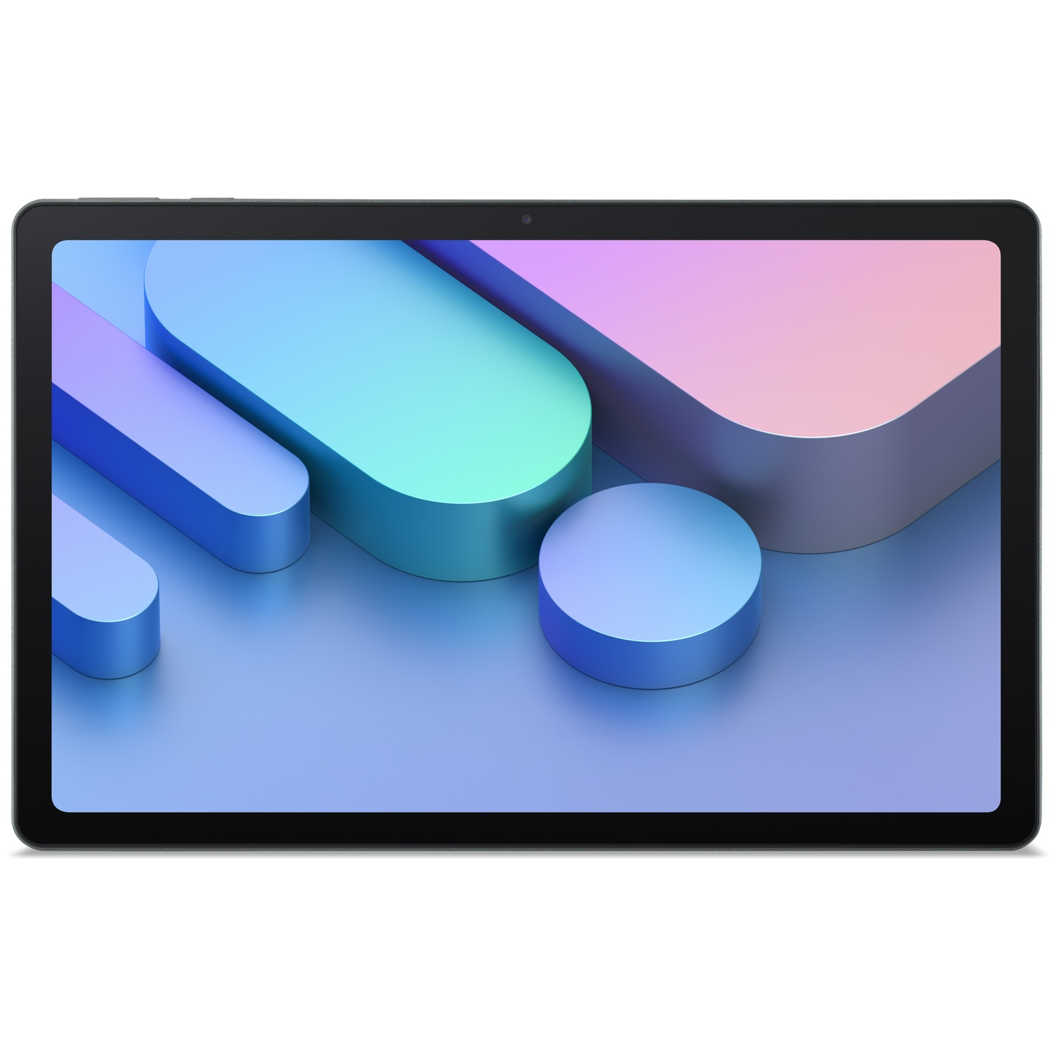 Een tablet met een abstracte achtergrond van blauwe en roze vormen.