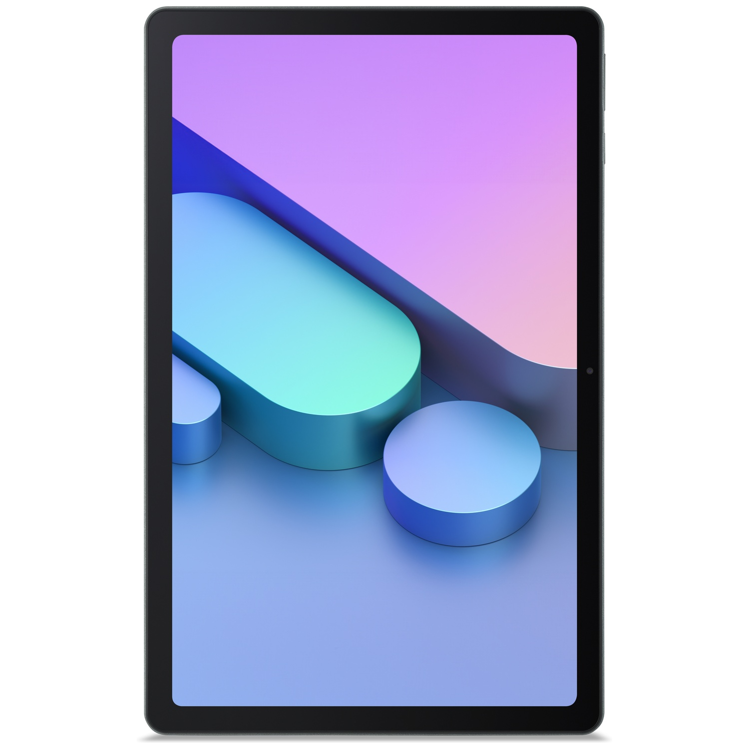 Een zwarte tablet met een kleurige, abstracte achtergrond.