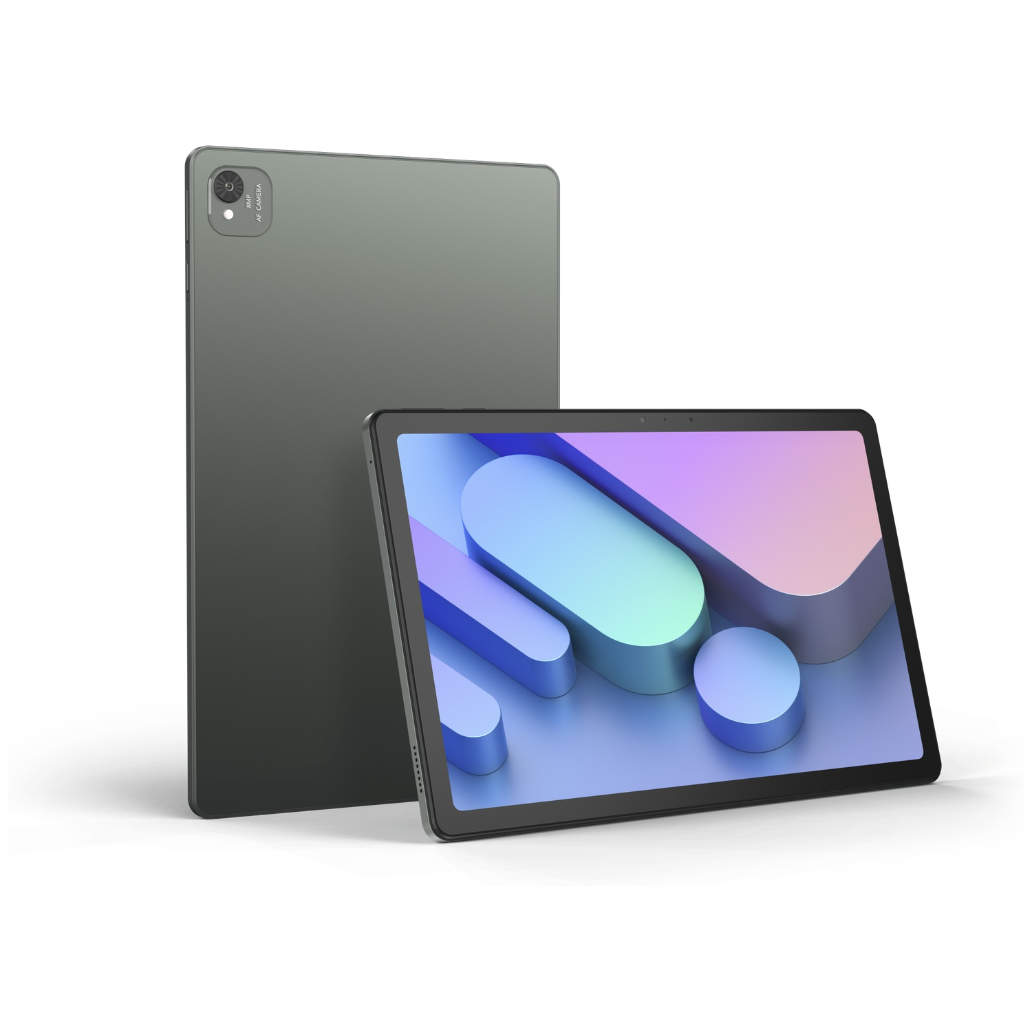 Een grijze tablet staat rechtop, een tweede ligt ervoor met een kleurrijk scherm.