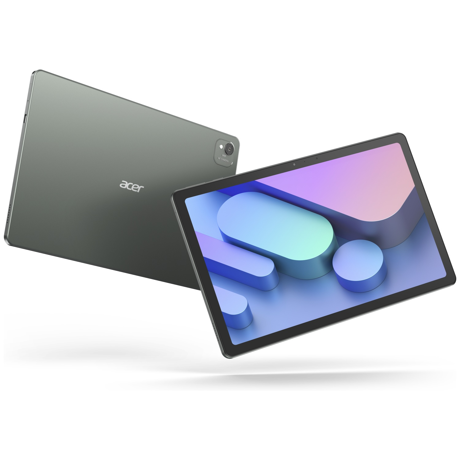Een groene Acer-tablet met abstracte weergave. Een tweede tablet ligt erachter.