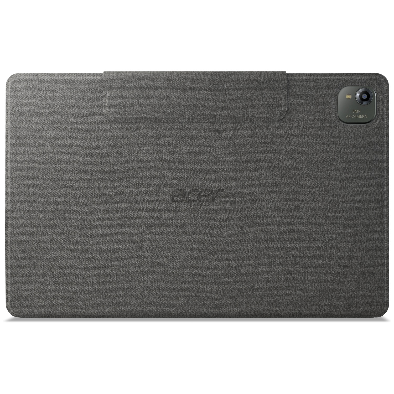 Grijze tabletachterkant met stoffen hoes, camera en Acer-logo.