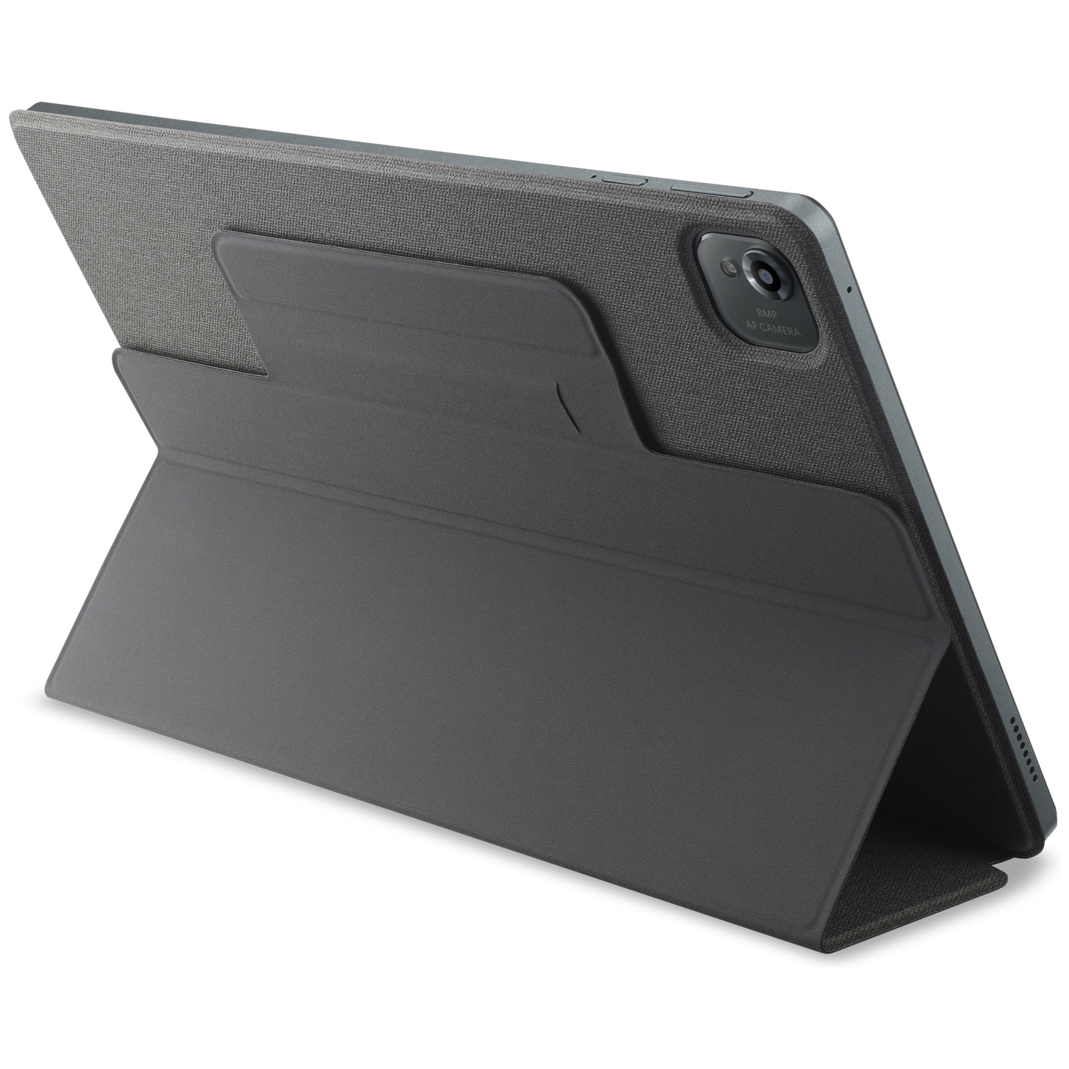Grijze tablet in een hoes die als standaard dient. Camera aan de achterkant.