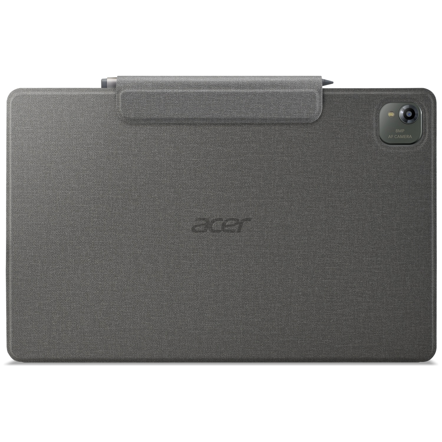 Achterkant van een grijze Acer tablet met penhouder en cameramodule.