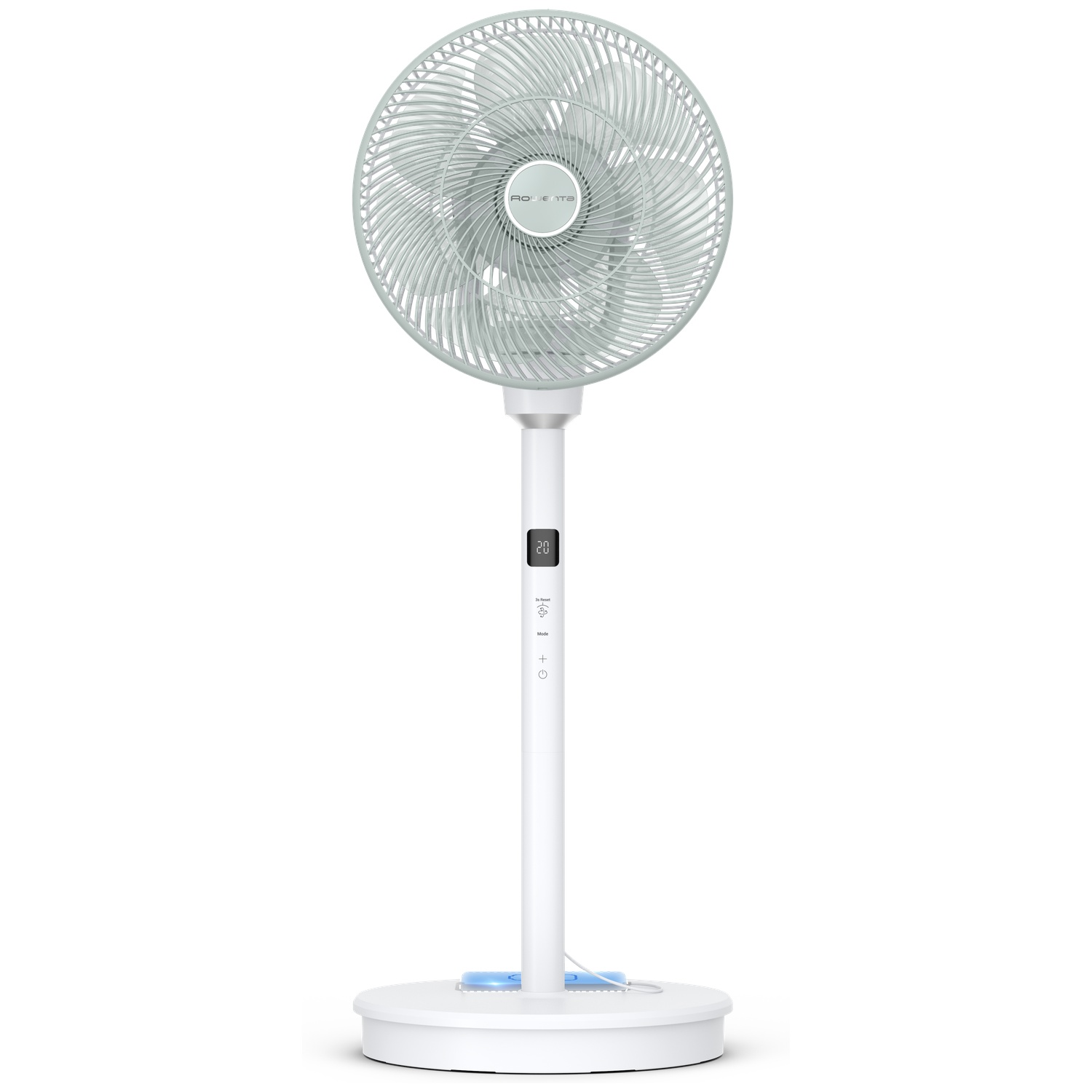 Een witte staande ventilator met een blauw accent op de voet.