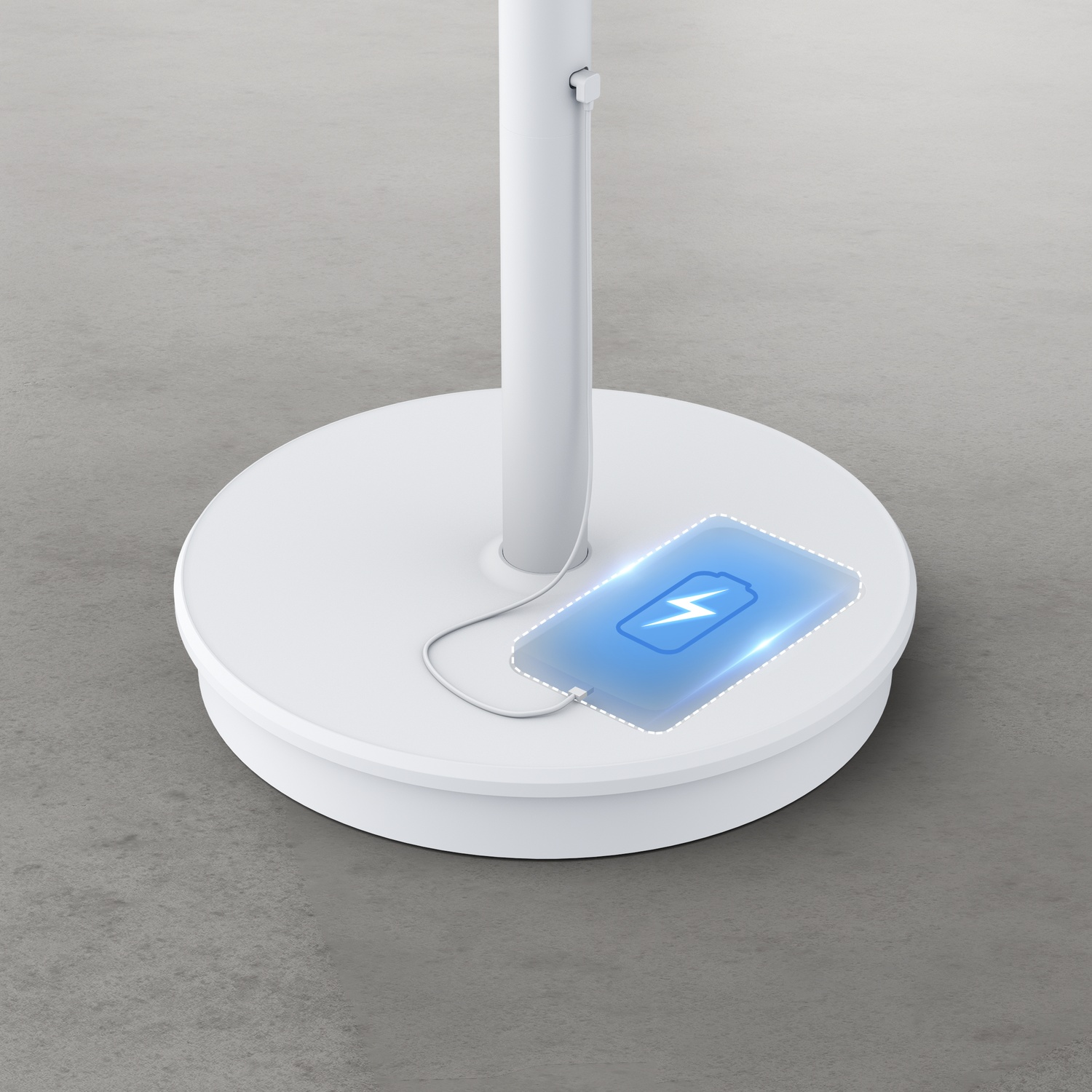 Een witte standaard met een oplaadstation dat een bliksemschicht-icoon toont.