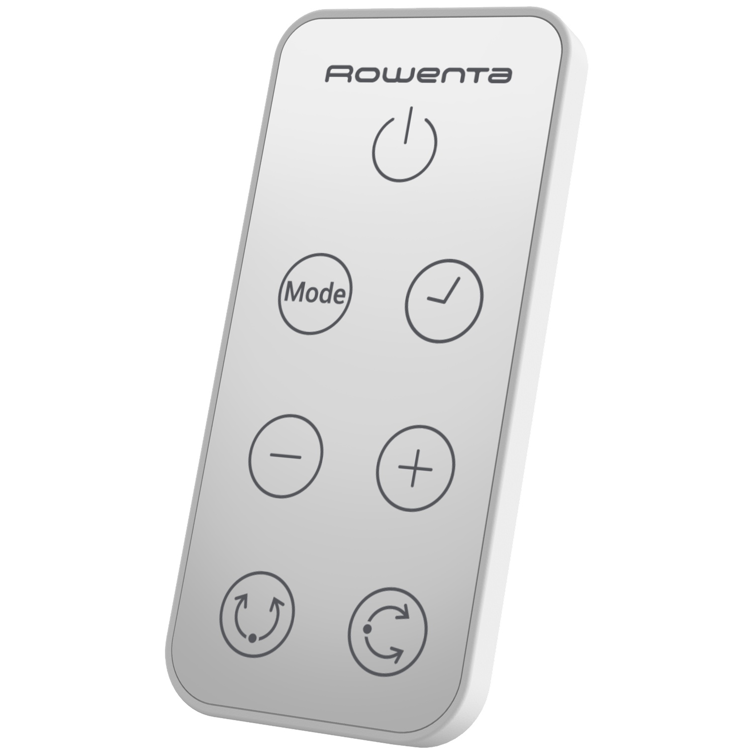 Een witte Rowenta afstandsbediening met aan/uit, modus, timer, plus, min en pijltjestoetsen.