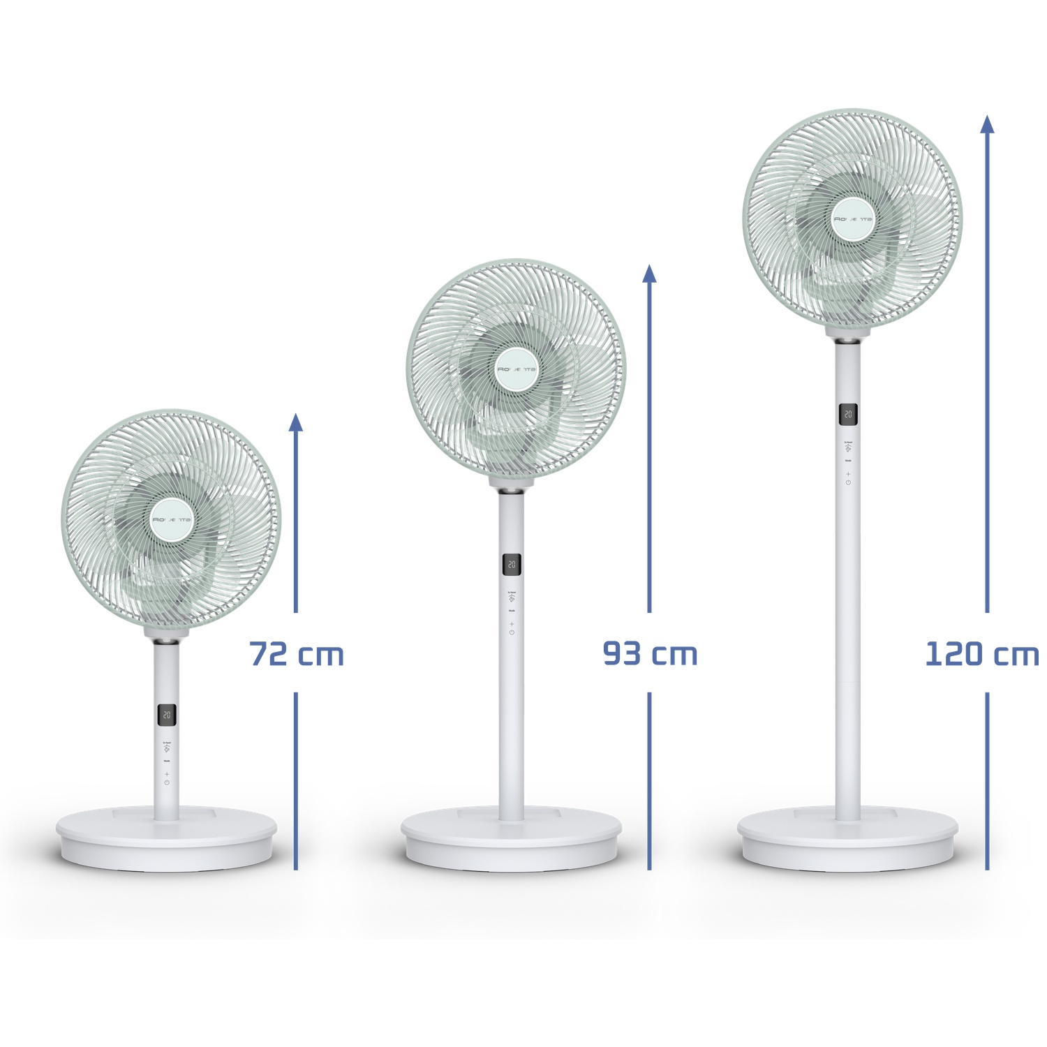 Drie witte staande ventilatoren met hoogteaanduidingen: 72 cm, 93 cm en 120 cm.