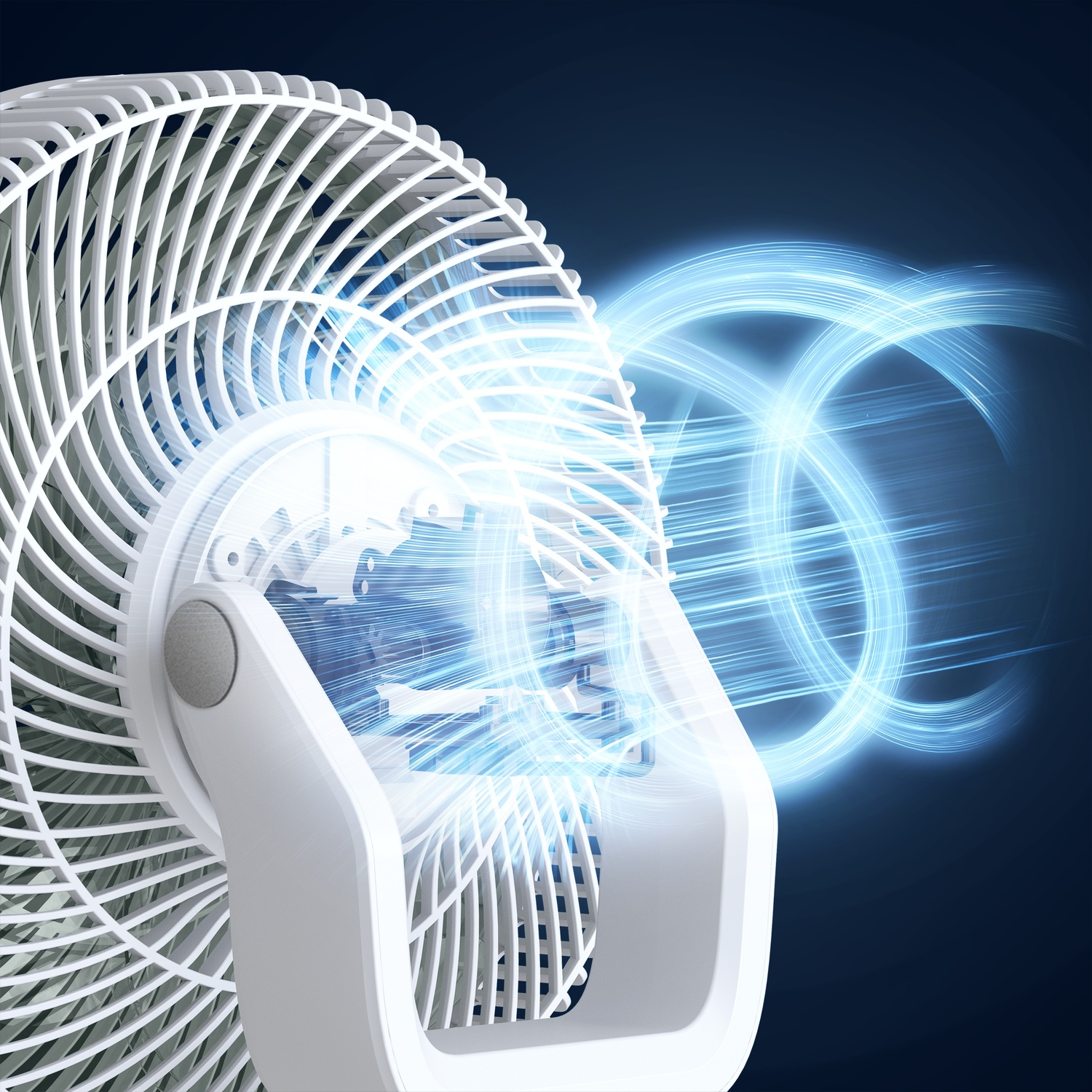 Witte ventilator met blauwe lichtstromen die luchtstroom aangeven tegen een donkerblauwe achtergrond.