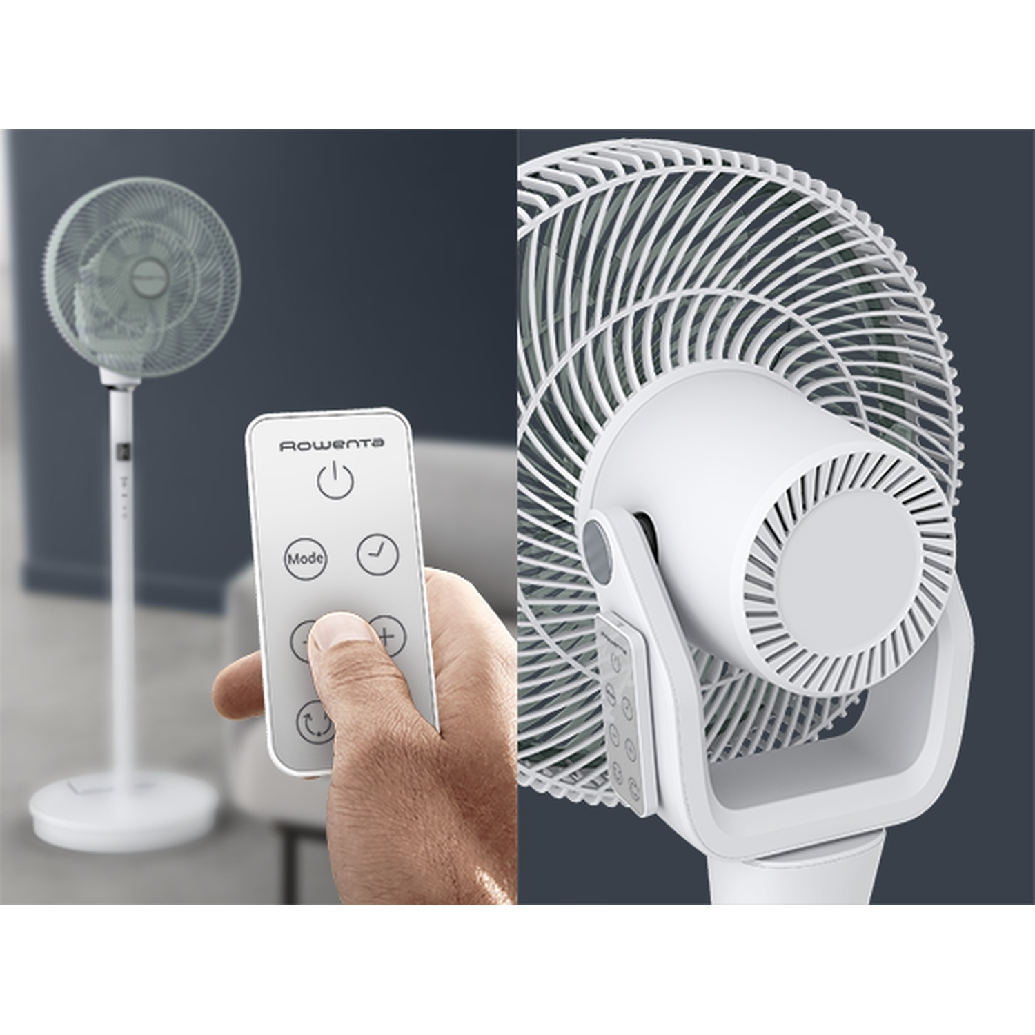 Witte staande ventilator met afstandsbediening. Close-up van de ventilator.