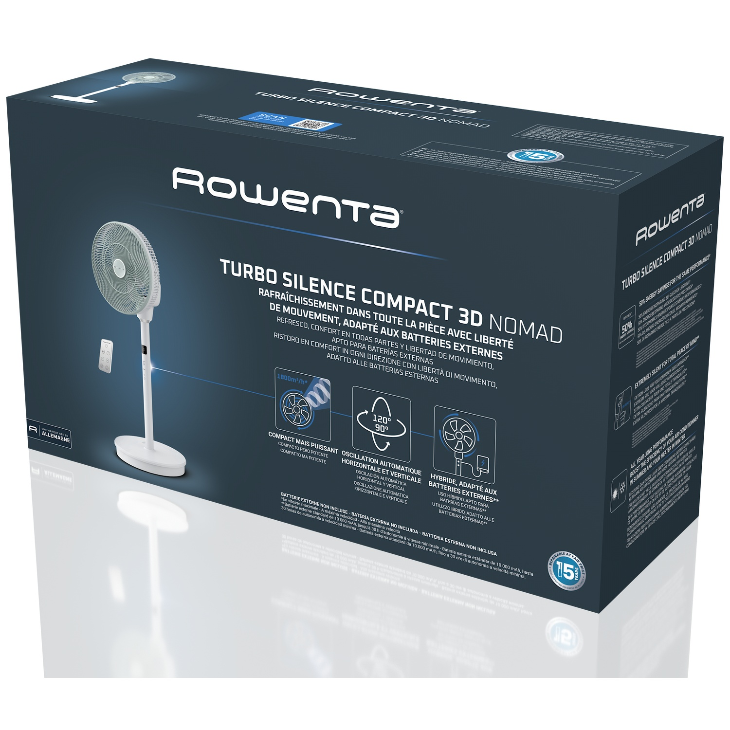 Witte Rowenta Turbo Silence 3D Nomad staande ventilator met afstandsbediening.
