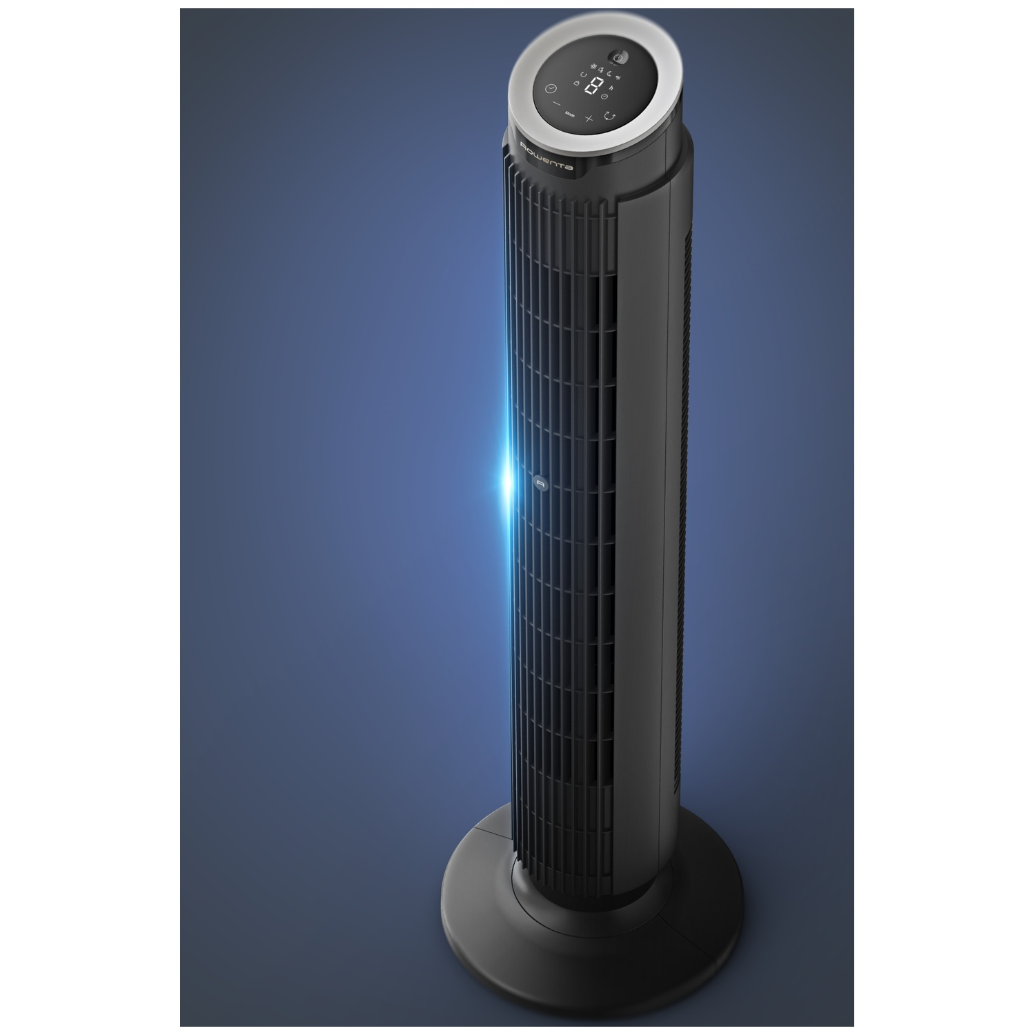 Un ventilateur tour noir et épuré avec écran numérique et anneau argenté.