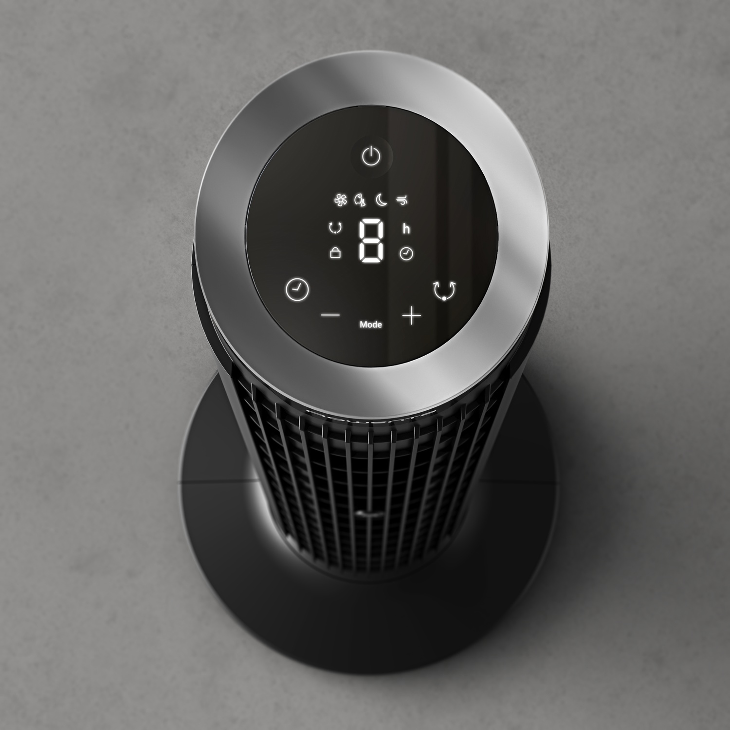 Ventilateur tour noir avec écran numérique sur fond gris.