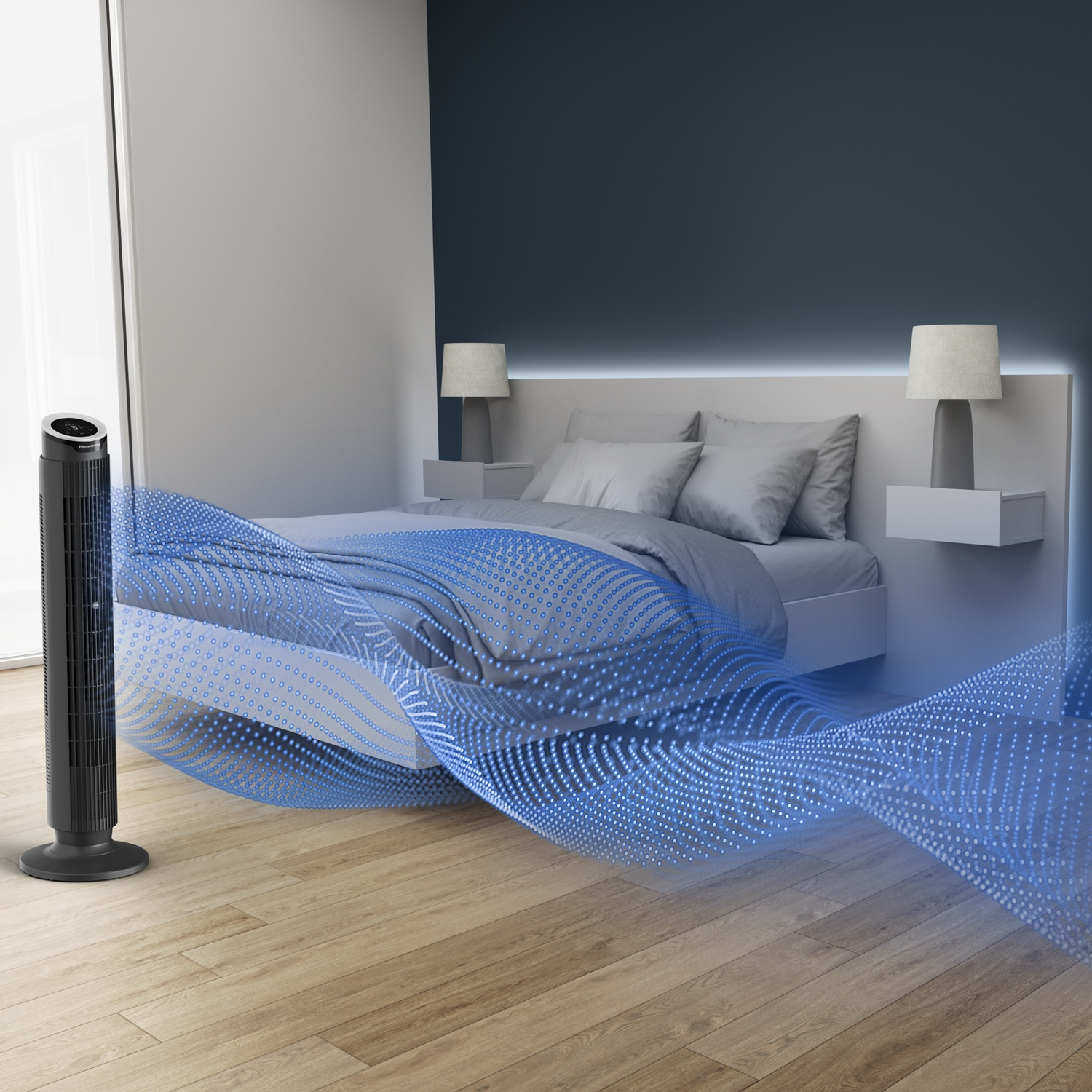 Ventilateur tour noir dans une chambre fait circuler des ondes de lumière bleue sur un lit.