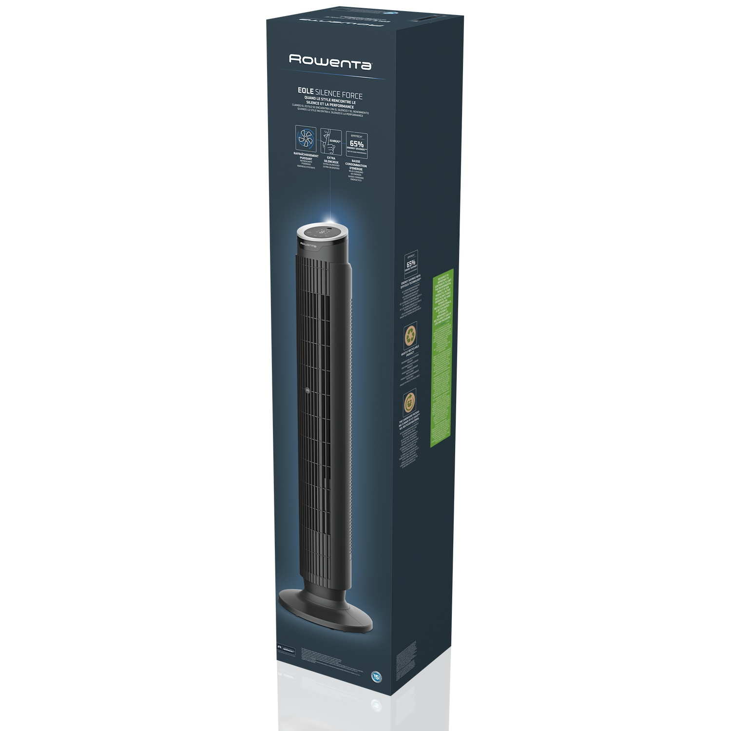 Emballage d'un ventilateur tour Rowenta noir avec informations produit.