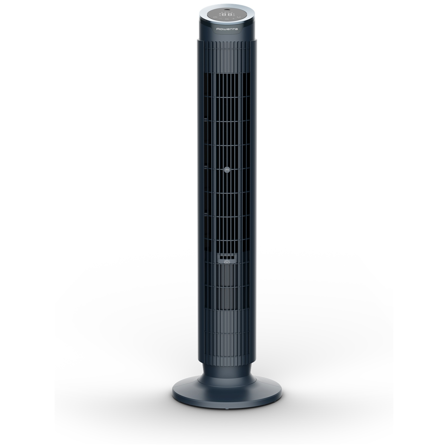 A dark tower fan with a digital display and a round base.