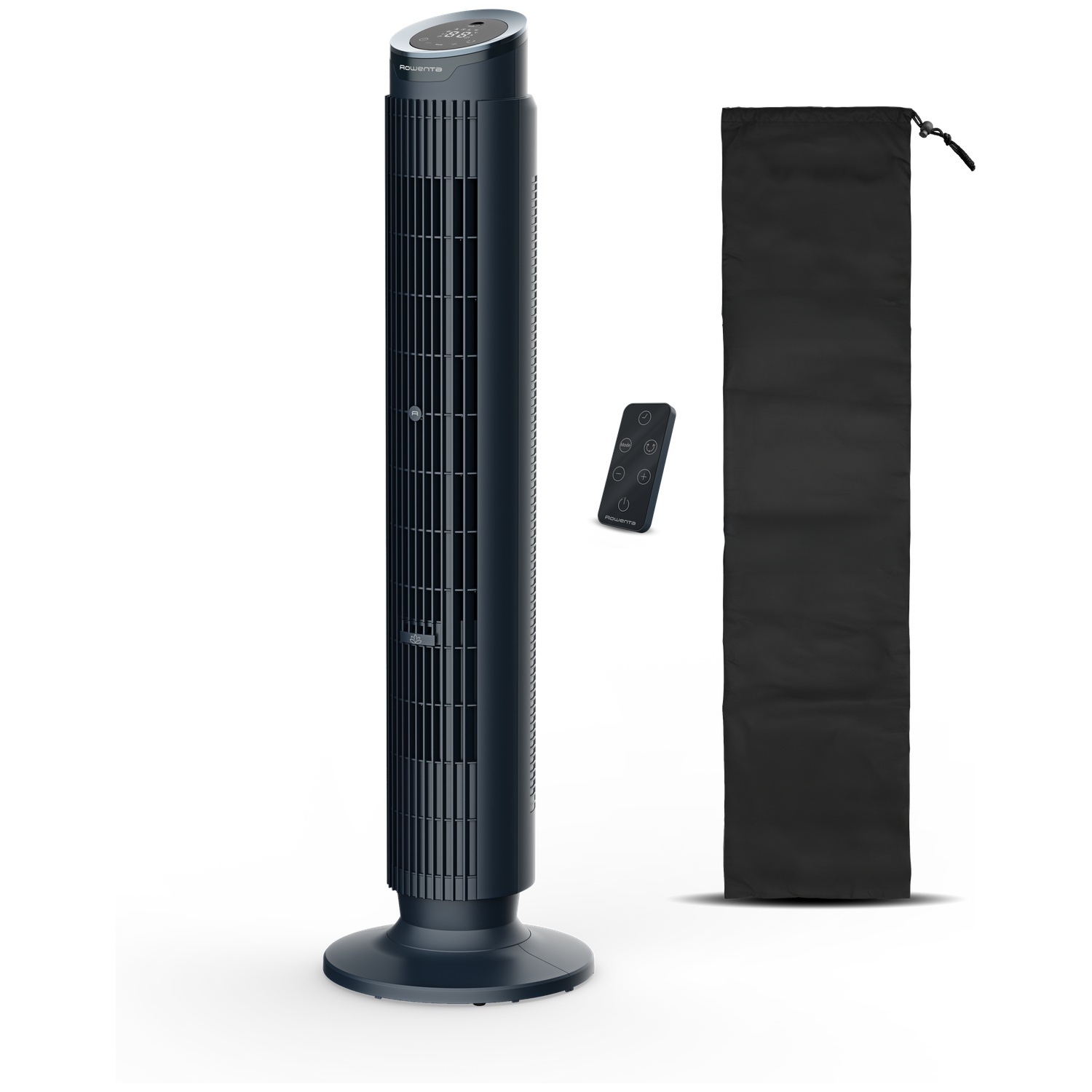 A dark tower fan with a remote control and a black bag.