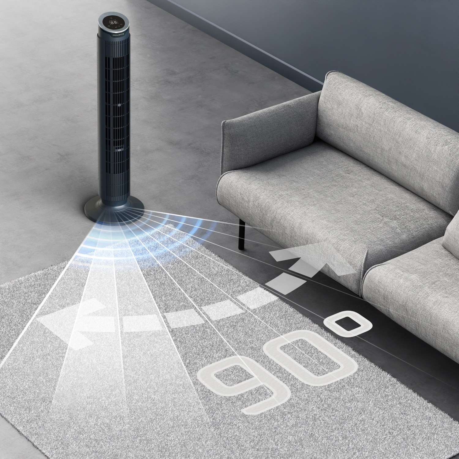 A sleek tower fan blows air onto a rug with white arrows.