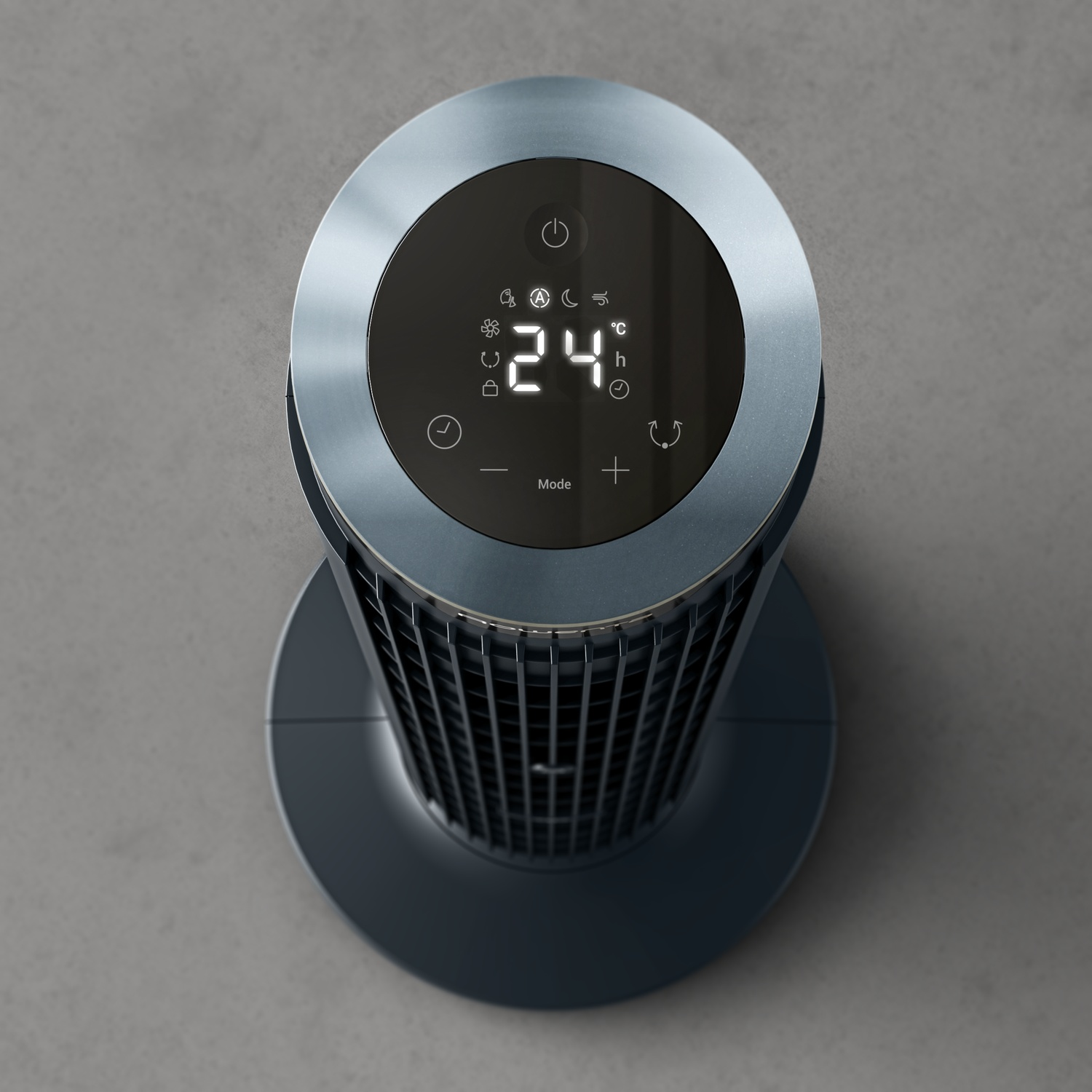 A modern tower fan with a digital display showing 24 degrees and icons.