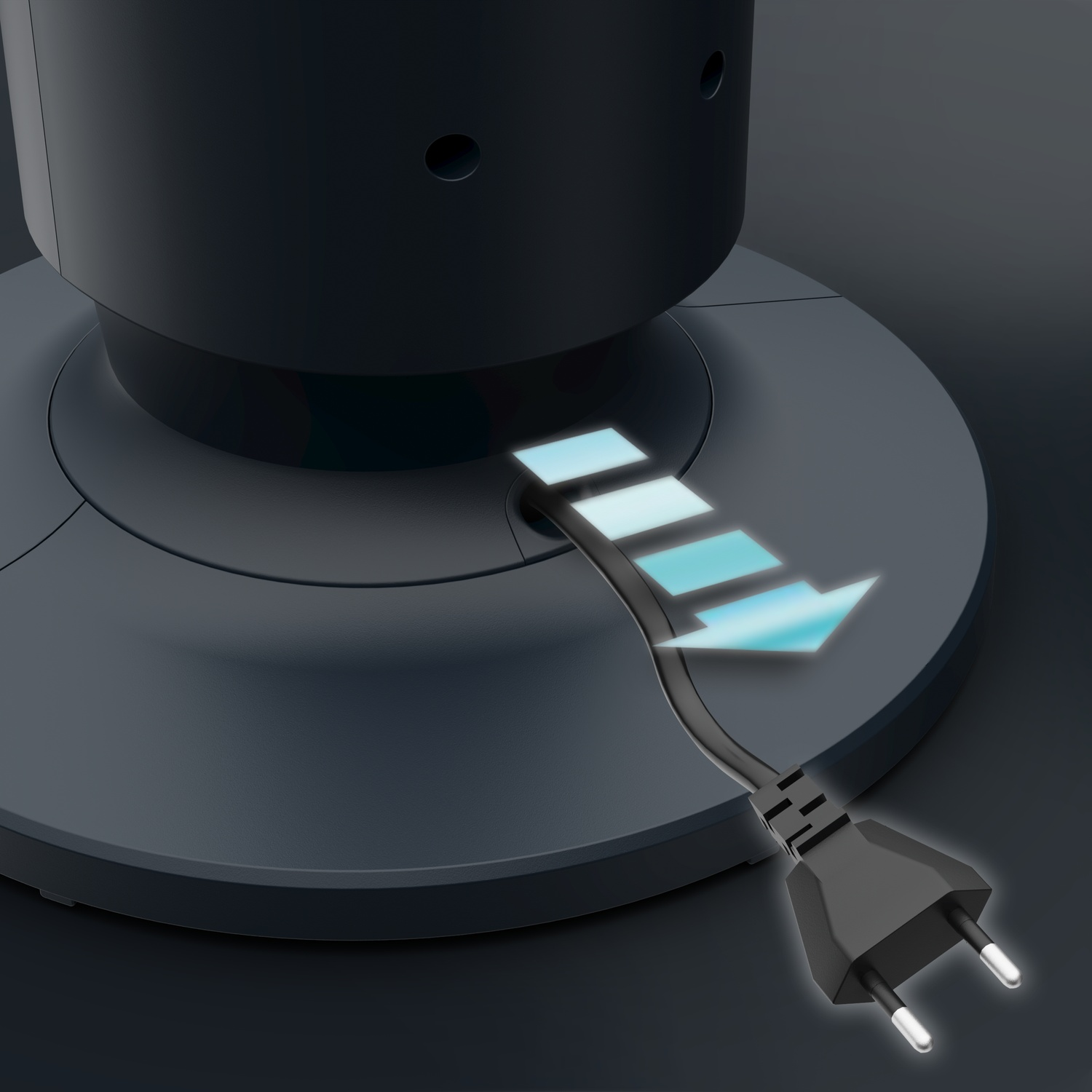 A black plug is inserted into a charging port with blue arrows.