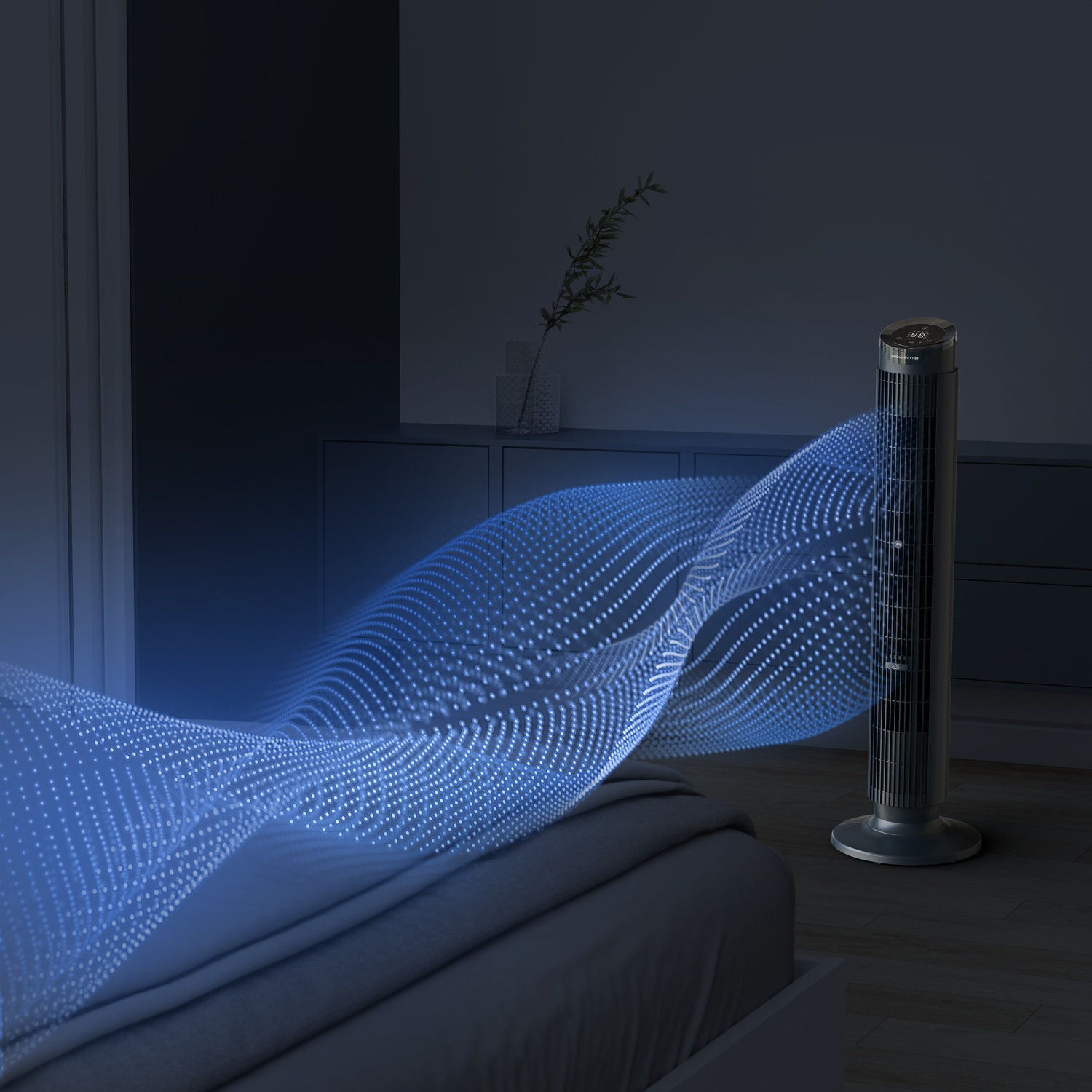 A tower fan creates blue air currents over a bed.