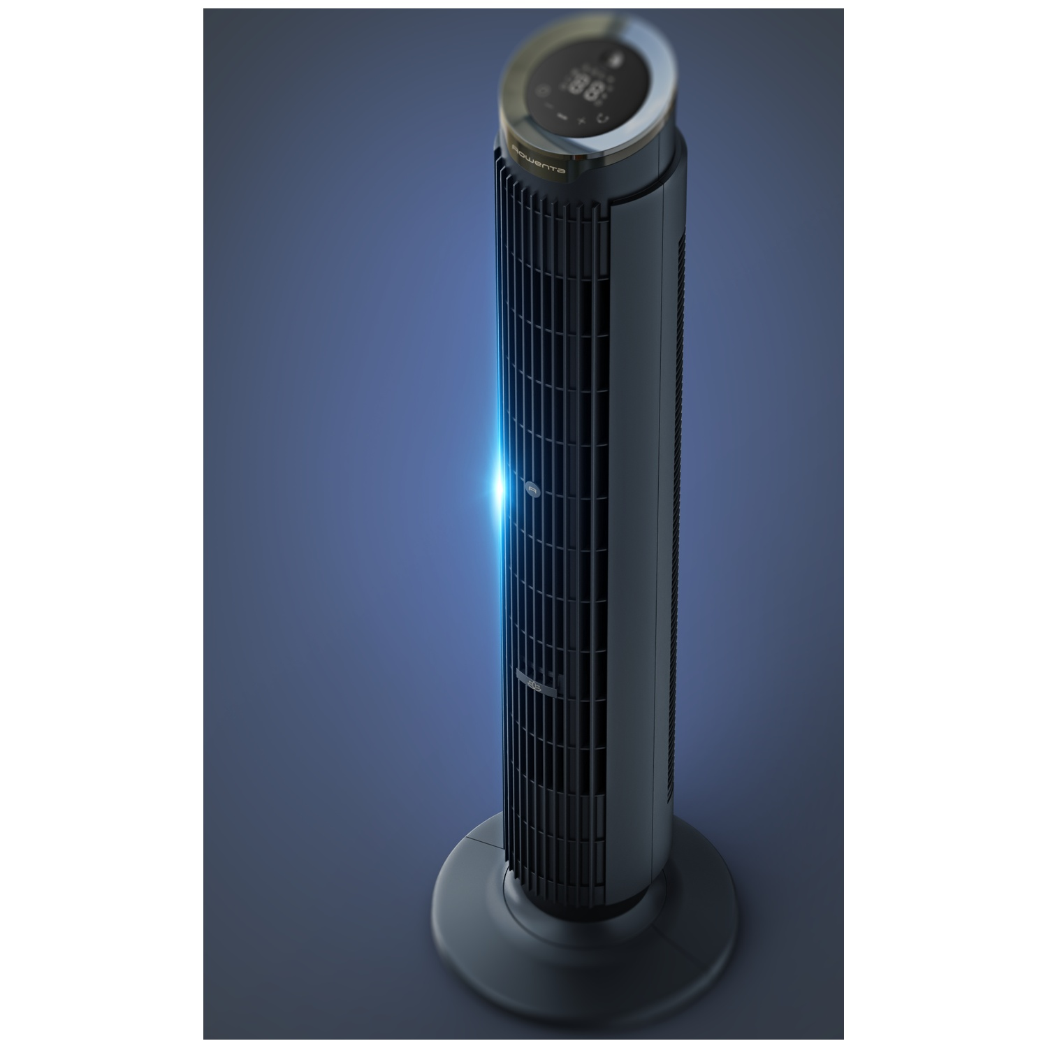 A sleek, black tower fan with a digital display on a blue background.