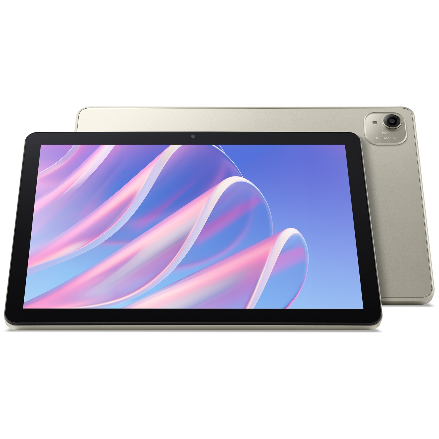 Een zilveren tablet met een kleurrijke achtergrond op het scherm.