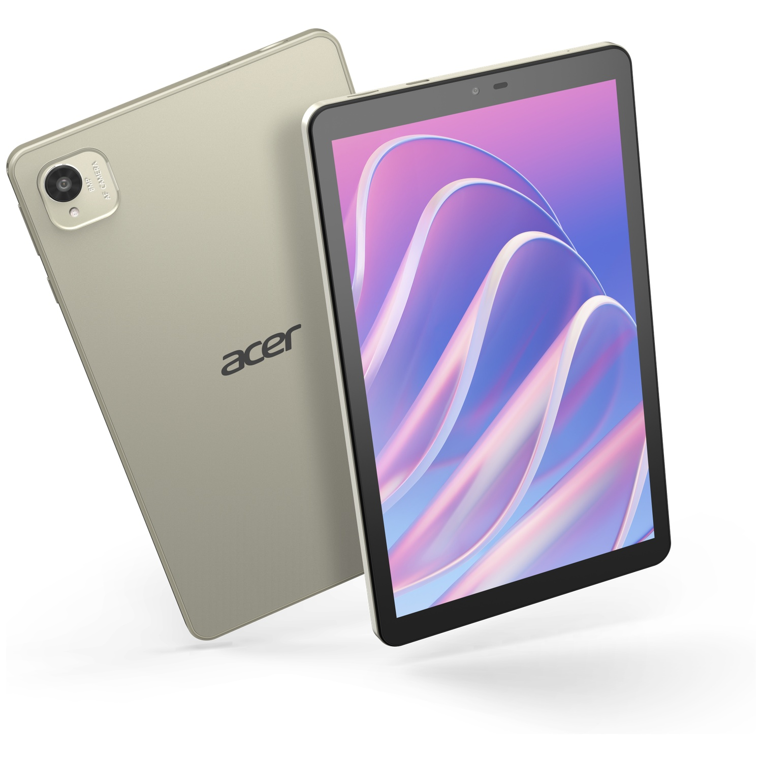 Twee gouden Acer tablets op wit. Eén toont de camera; de andere een kleurrijk scherm.