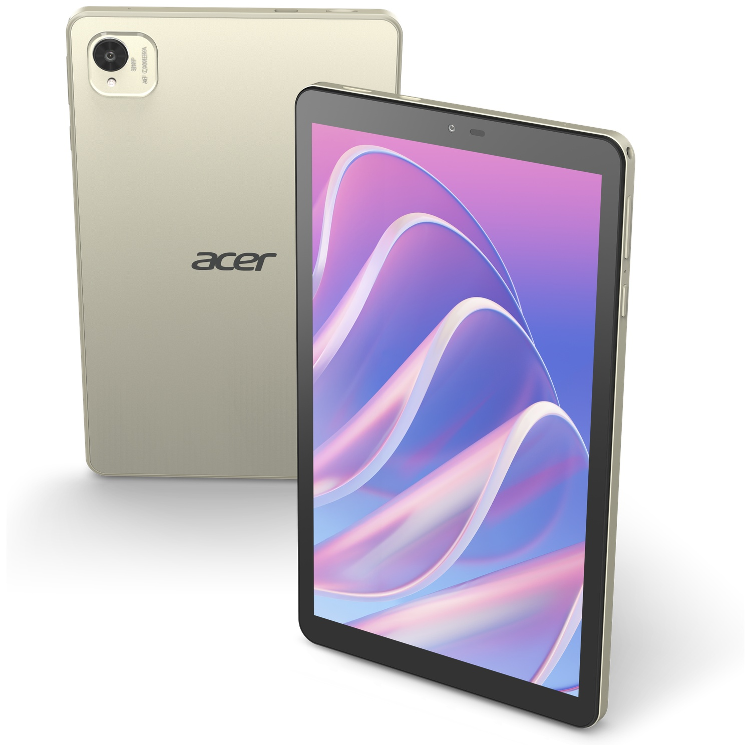 Twee gouden Acer tablets, een toont de achterkant met camera, de ander het scherm met kunst.