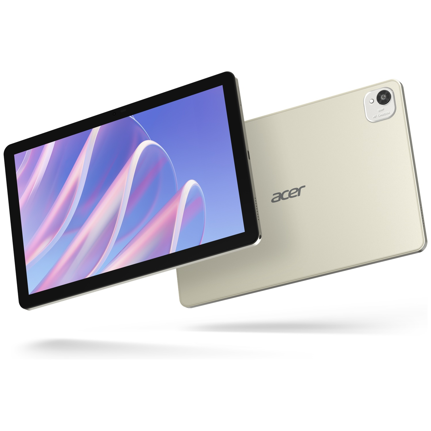 Een lichtgouden Acer-tablet met een scherm dat een abstract patroon toont.